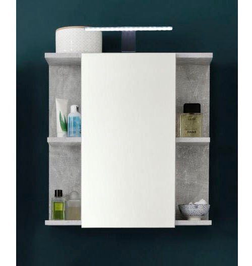 trendteam Spiegelkast Badspiegel met spiegeldeur in wit hoogglans/beton - inclusief lamp (2-delig)