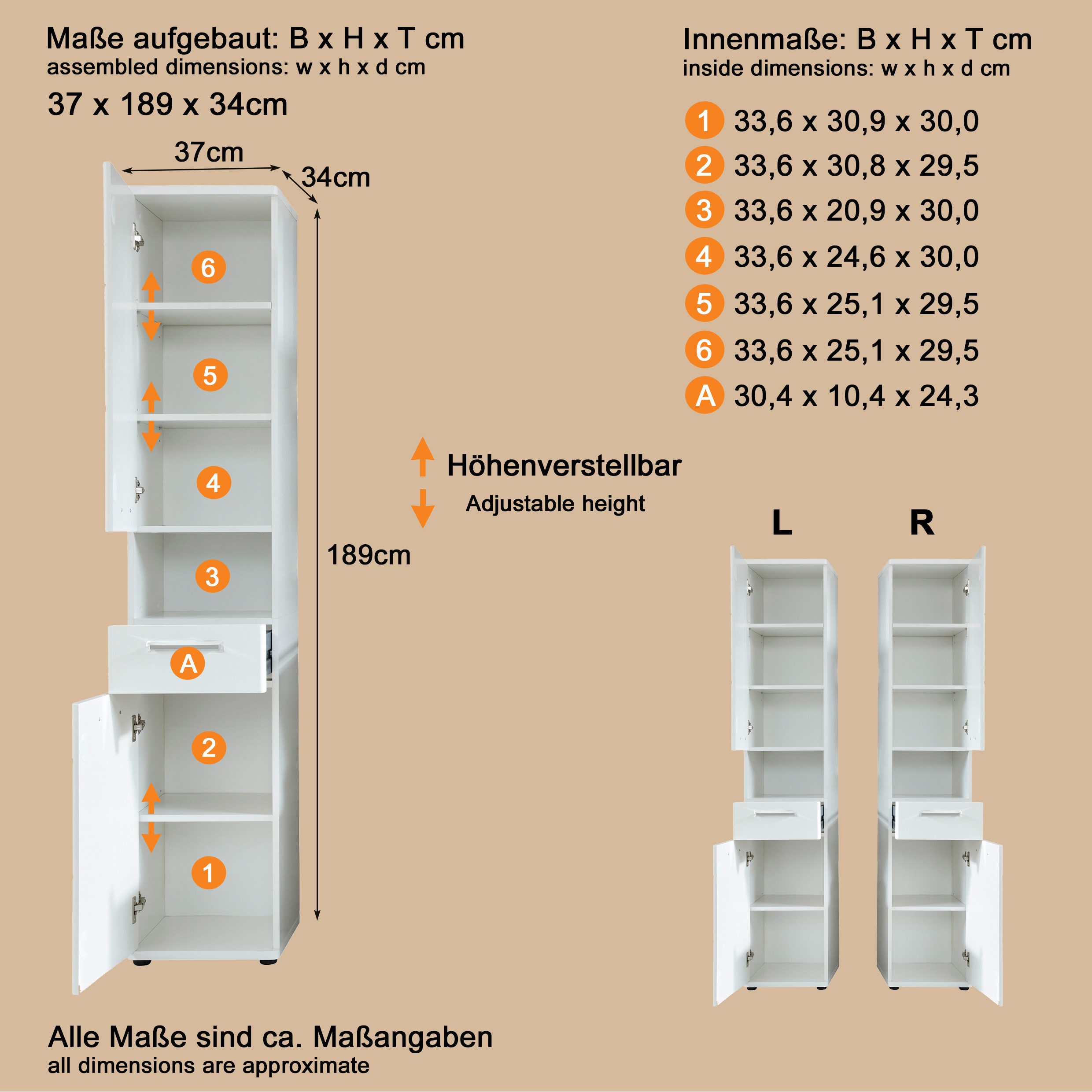 welltime Hoge kast Mora Witte badkamerkast met lade en 2 deuren - (B/D/H) 37/34/189 cm