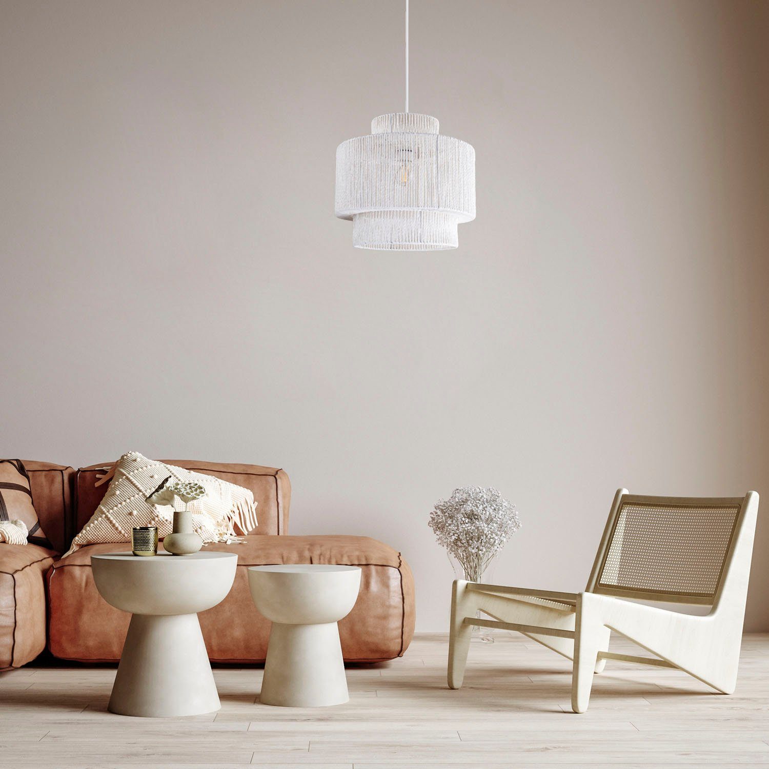 Paco Home Hanglamp Hugo Lupita Woonkamer eetkamer rattan look Boho lampenkap papier