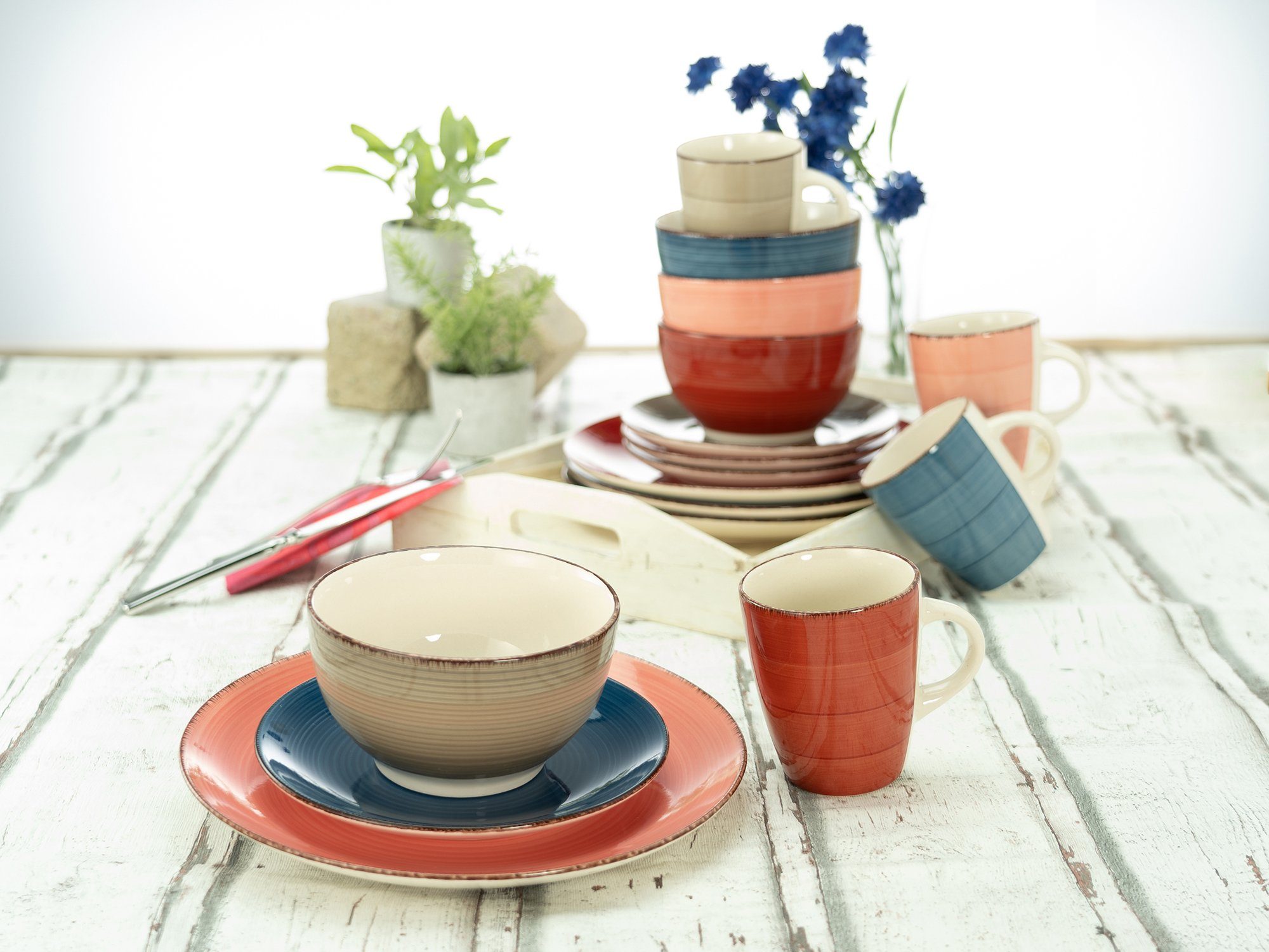 CreaTable Combi-servies Servies-set Bella Casa Cottage Servies, met de hand geschilderd spiraaldecor, 16 delen, voor 4 personen (set, 16-delig)