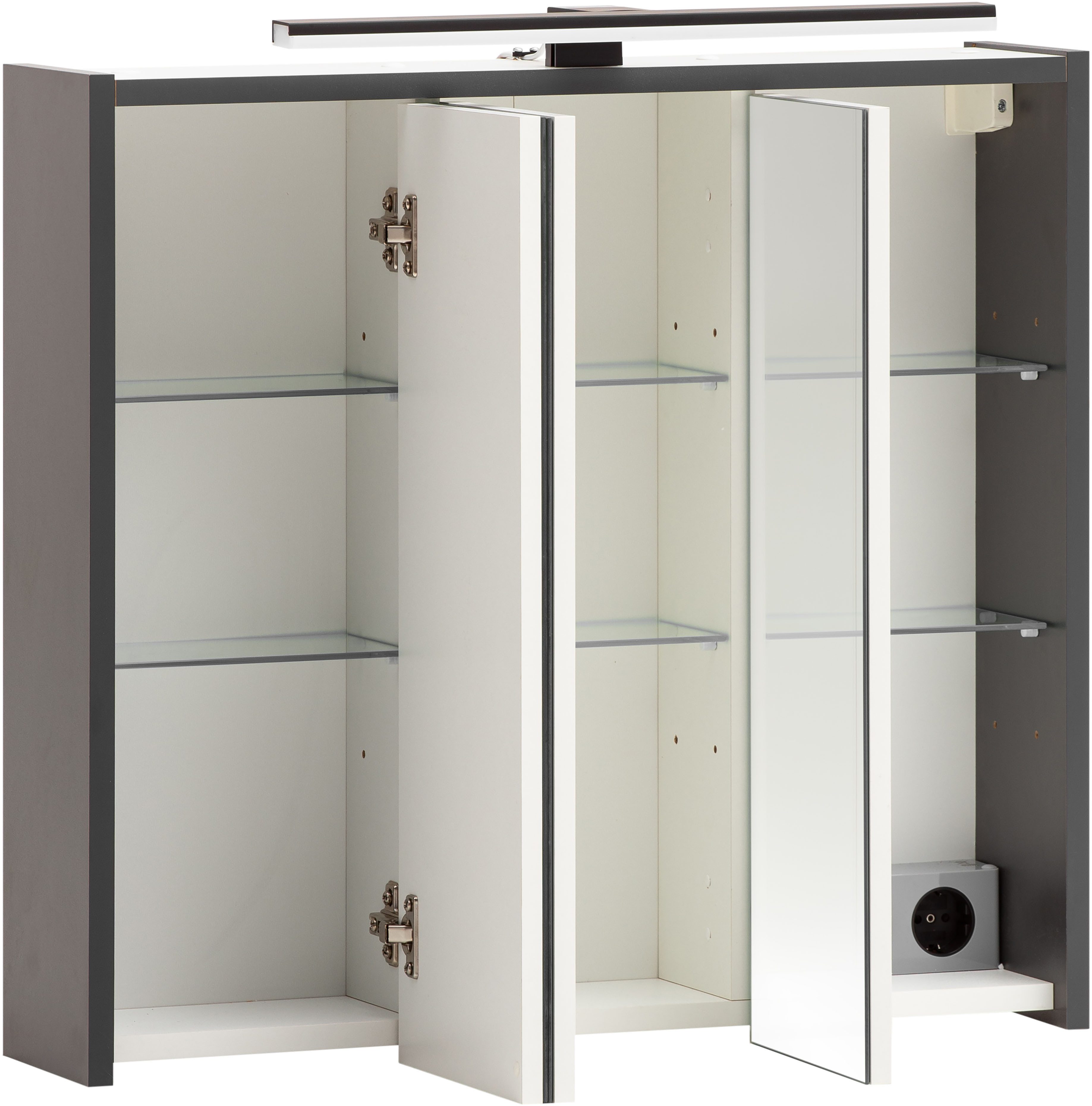 Schildmeyer Spiegelkast Palermo, breedte 65 cm Met LED-lamp en stopcontact, metalen beslag, glazen legplanken