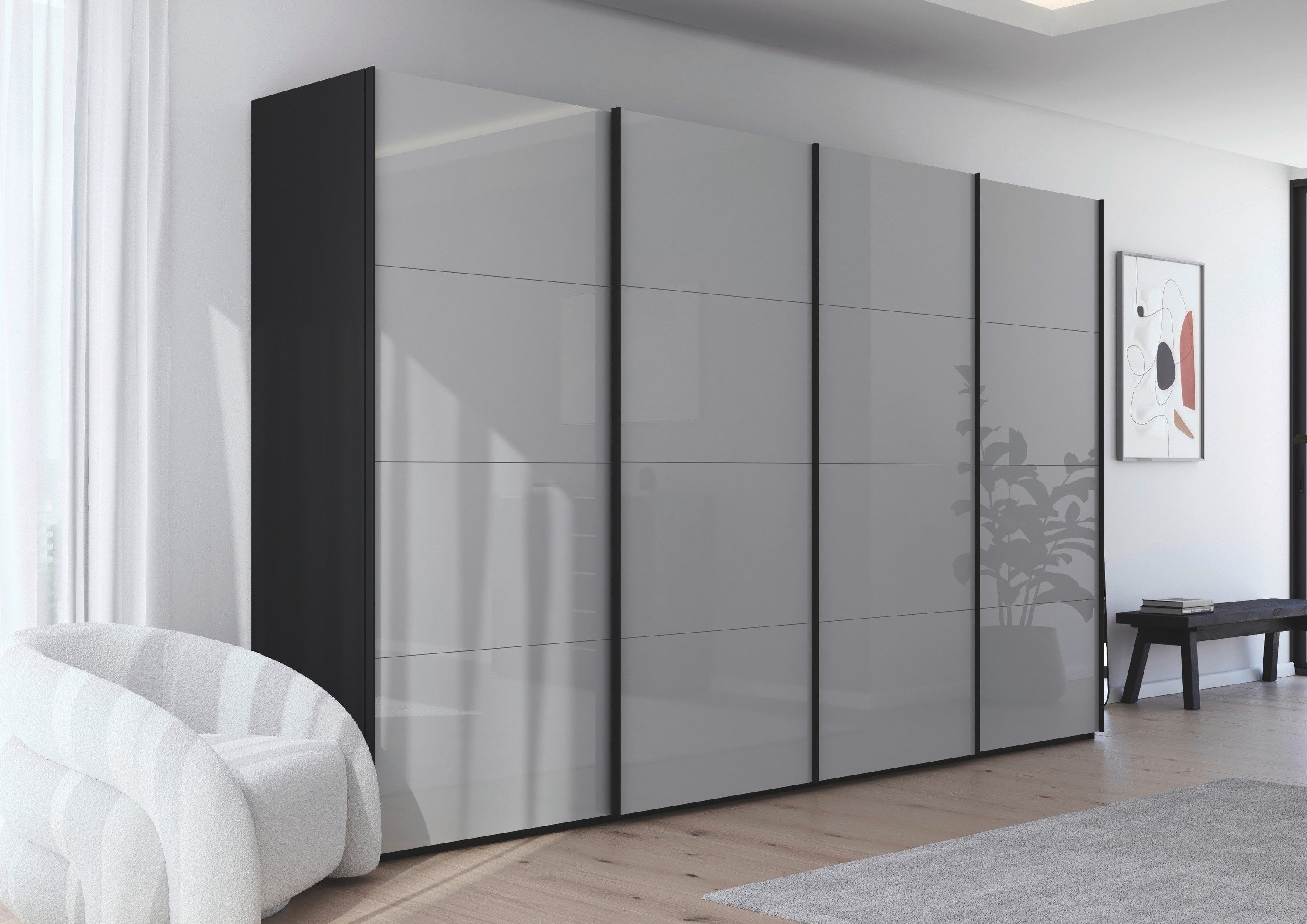 rauch Schuifdeurkast Kledingkast Kast Garderobe Slaapkamerkast SCALE-FYRA edel vierdelige deuren met glas-front veel kleuren made in germany