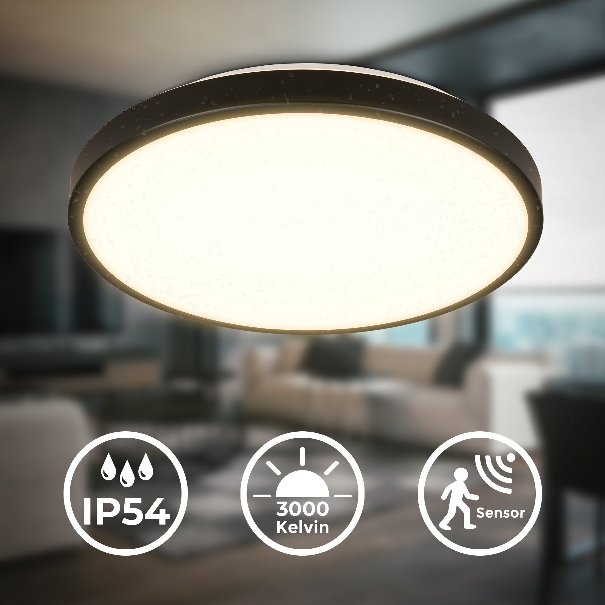 B.K.Licht Led-plafondlamp BK_DL1615 Bad plafondlamp met bewegingssensor, 3m bereik 120° detectiehoek, ip54, 13w, 1.300 lm, 3.000k, ø27cm, zwart (1 stuk)
