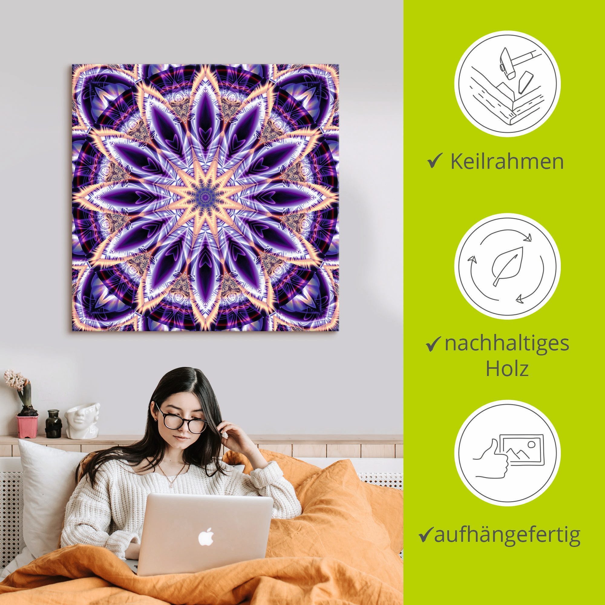 Artland Artprint Mandala ster paars als artprint op linnen, muursticker in verschillende maten