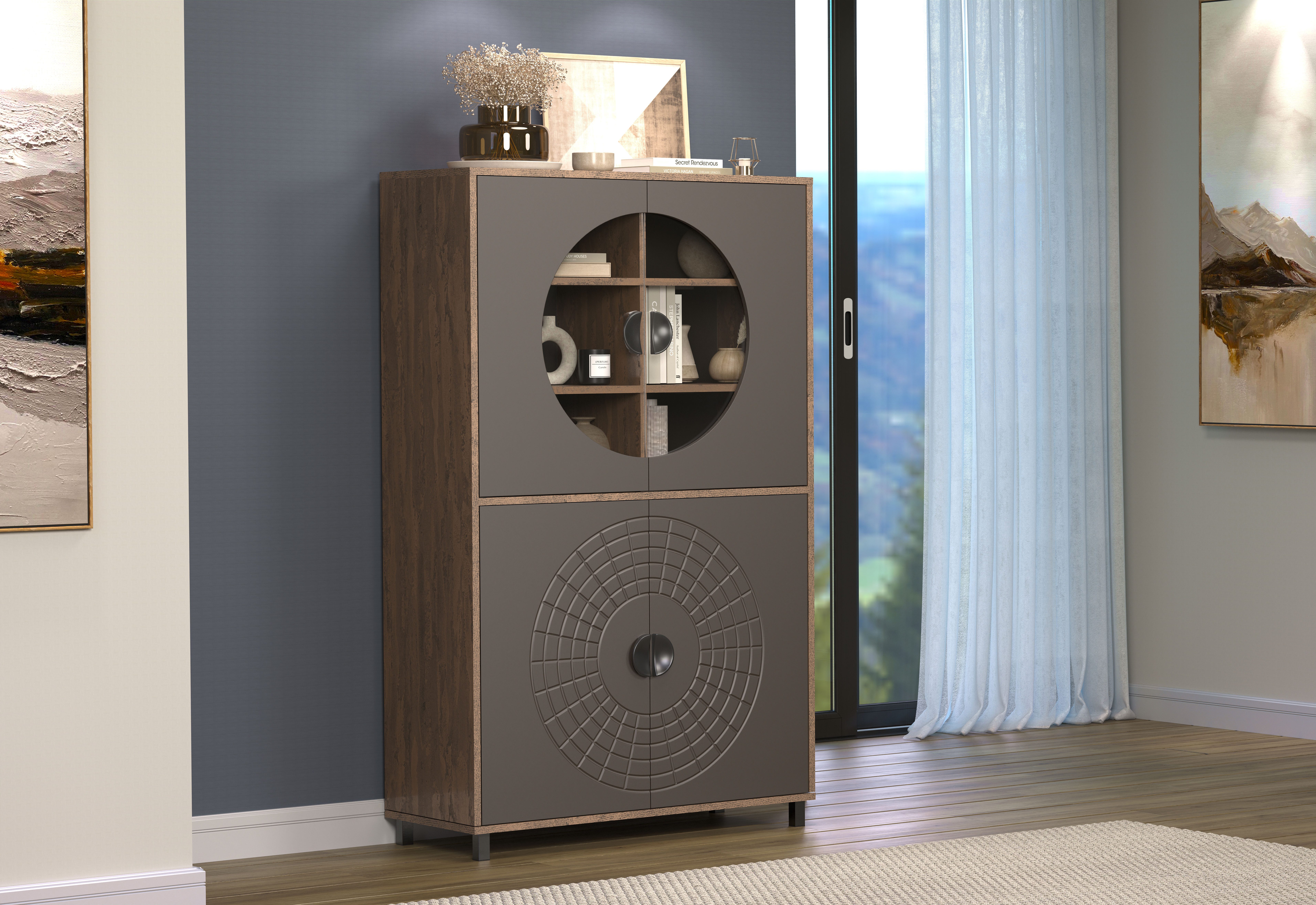 INOSIGN Hoge kast Fusion Vitrine met bijzonder cirkelpatroon - huwelijkskast in vintage-look (1 stuk)