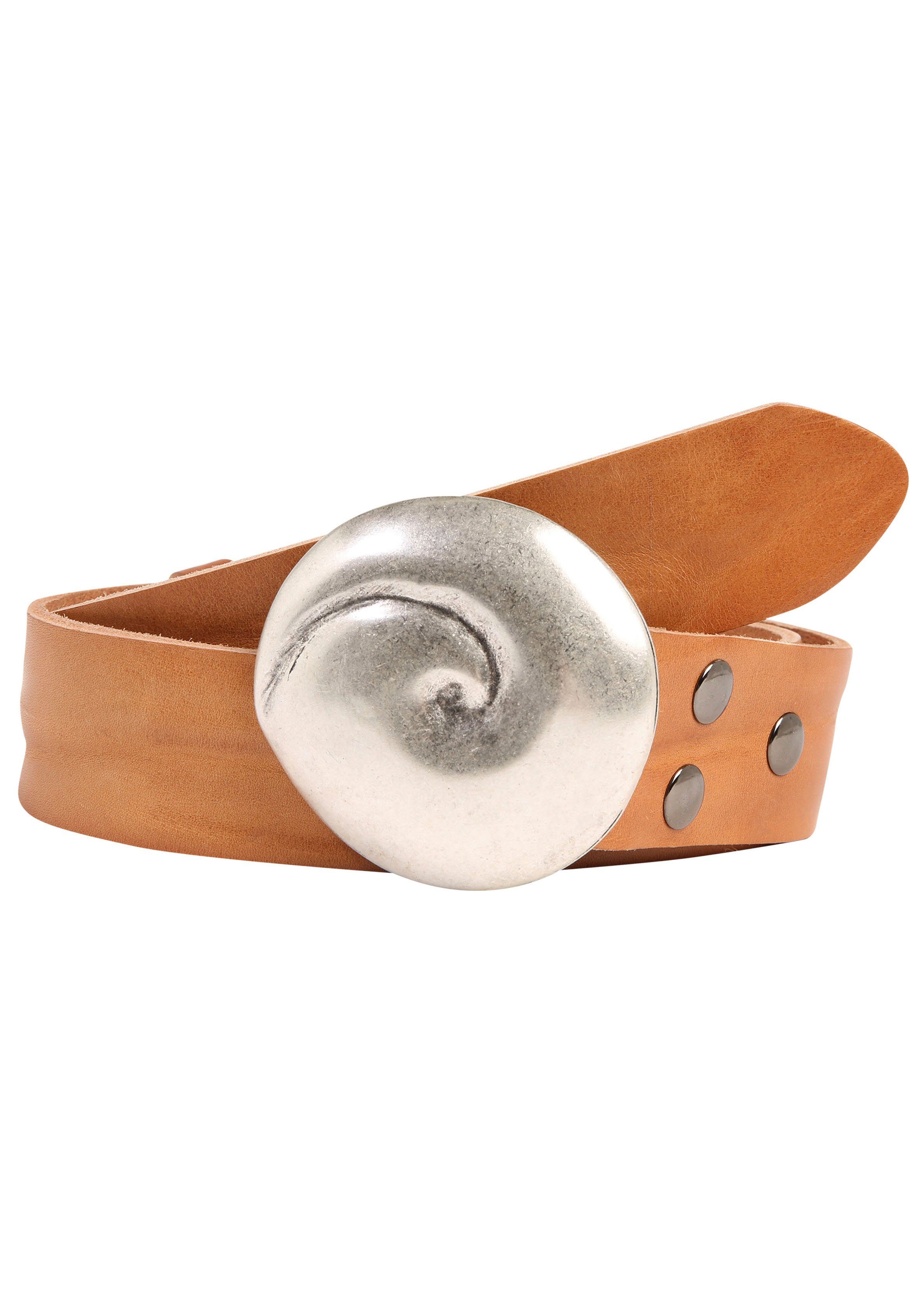 RETTUNGSRING by showroom 019° Leren riem met verwisselbare sluiting "schelp rond zilverkleur" unisex riemen maat 115 bruin