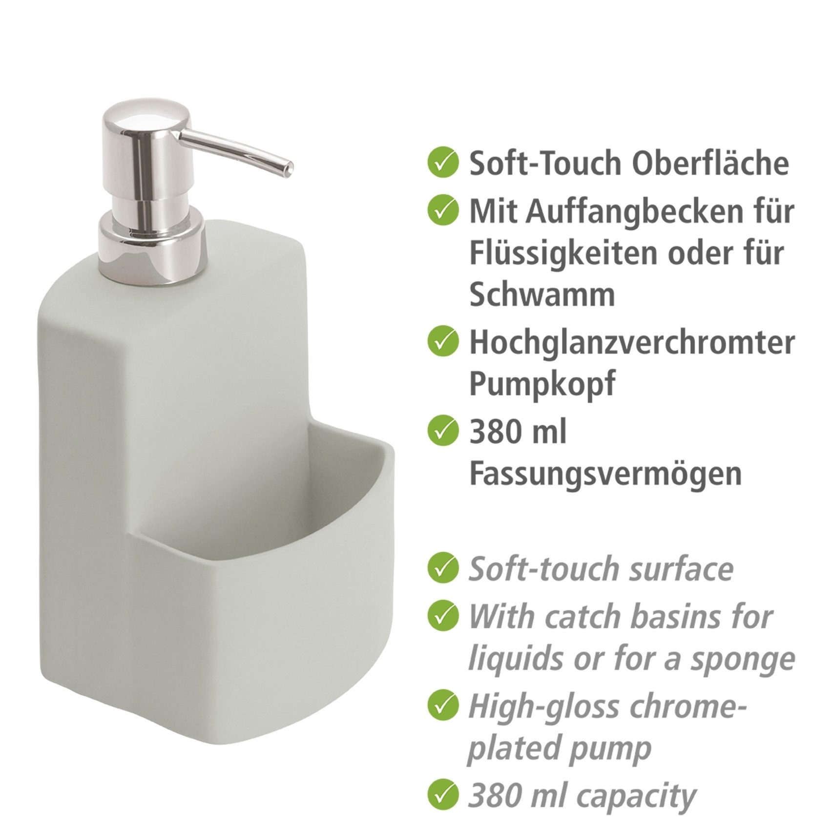 WENKO Dispenser voor afwasmiddel Model Festival van keramiek, soft-touch coating, met afwasponsvak, 380 ml (1-delig)