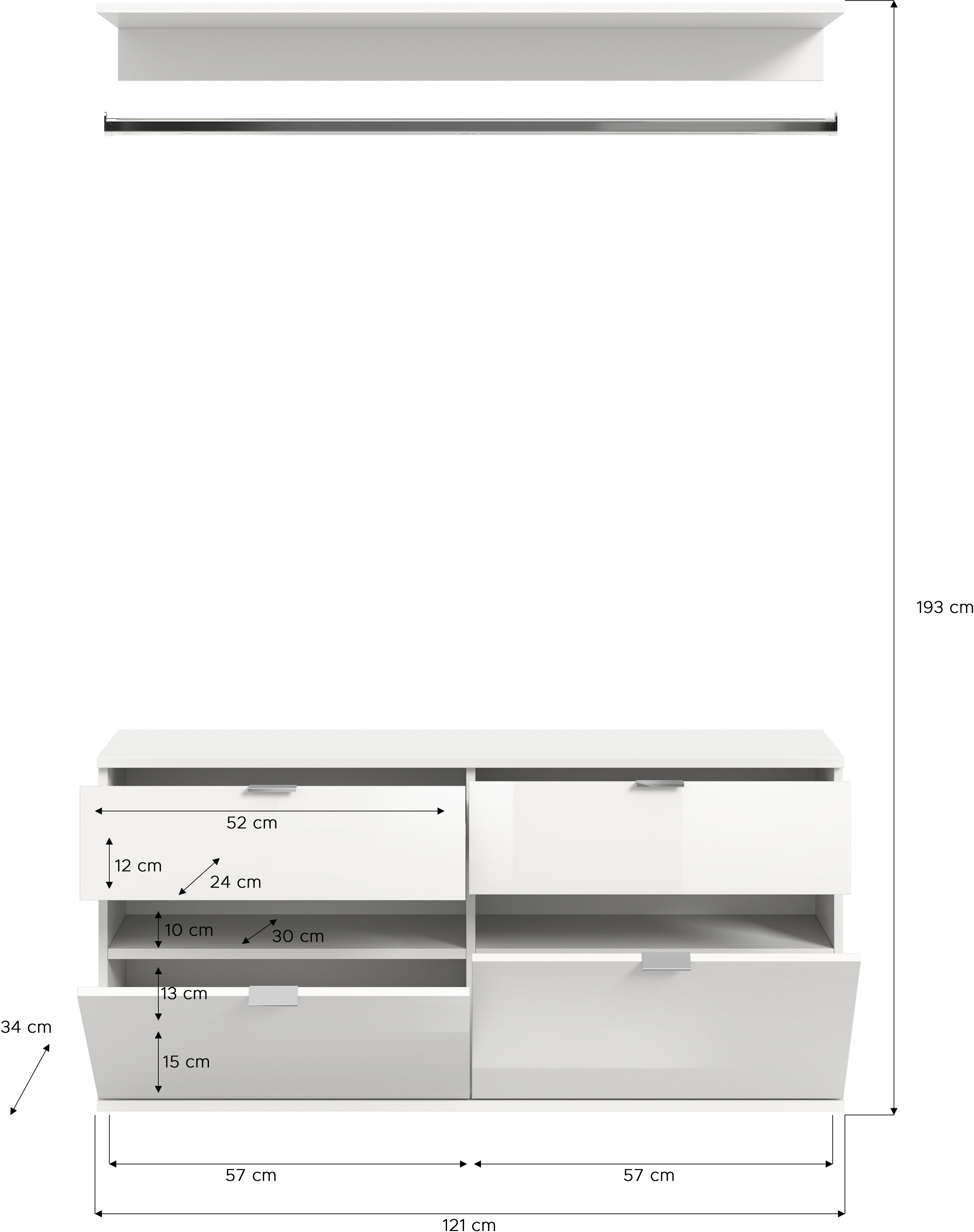 INOSIGN Halmeubelset Trondheim, Breedte 121 cm, bestaande uit Commode, Kledingstang & Plank (3-delig)