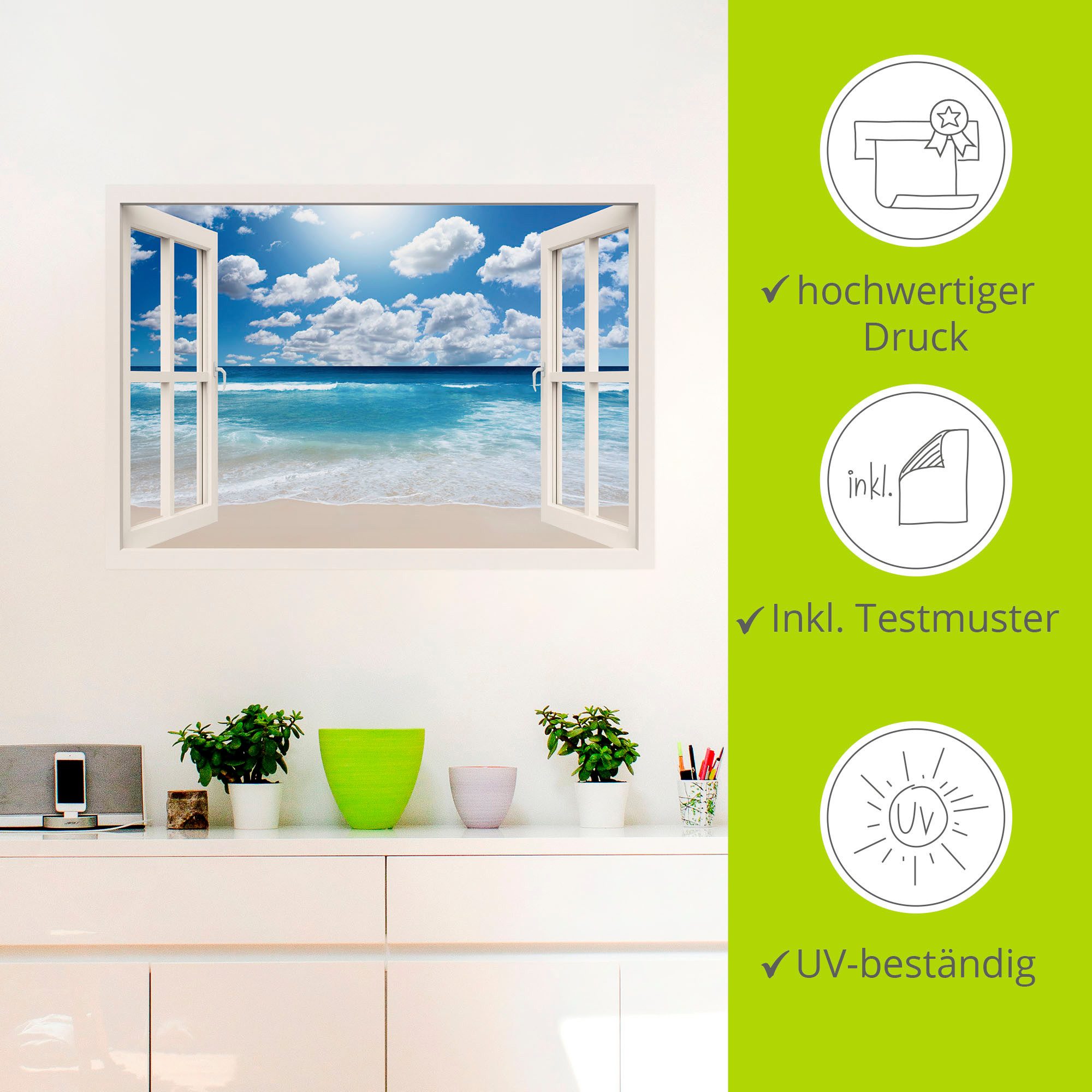 Artland Artprint Blik uit het venster Geweldig strandlandschap als artprint op linnen, poster, muursticker in verschillende maten