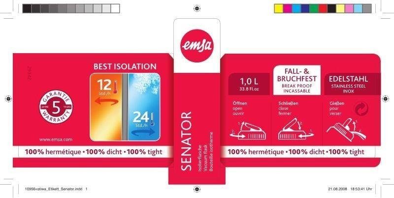 Emsa Thermofles Senator Class 1,0 l, roestvrij staal/siliconen manchet, 100% lekvrij
