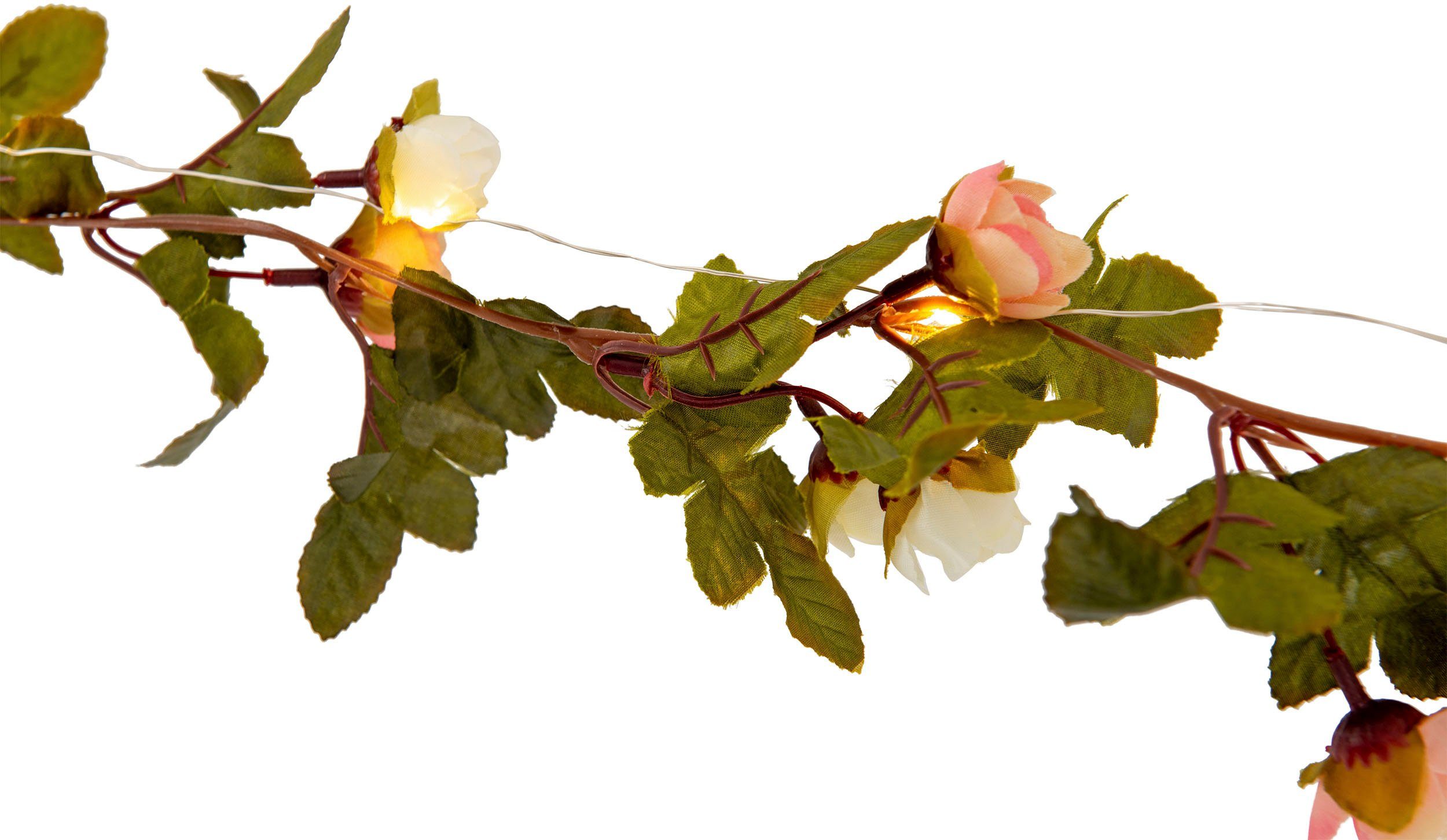 näve Led-lichtsnoer Roosjes witte en roze rozenbloemen, warmwitte led, lengte 420 cm, aansluitkabel 5 m (1 stuk)