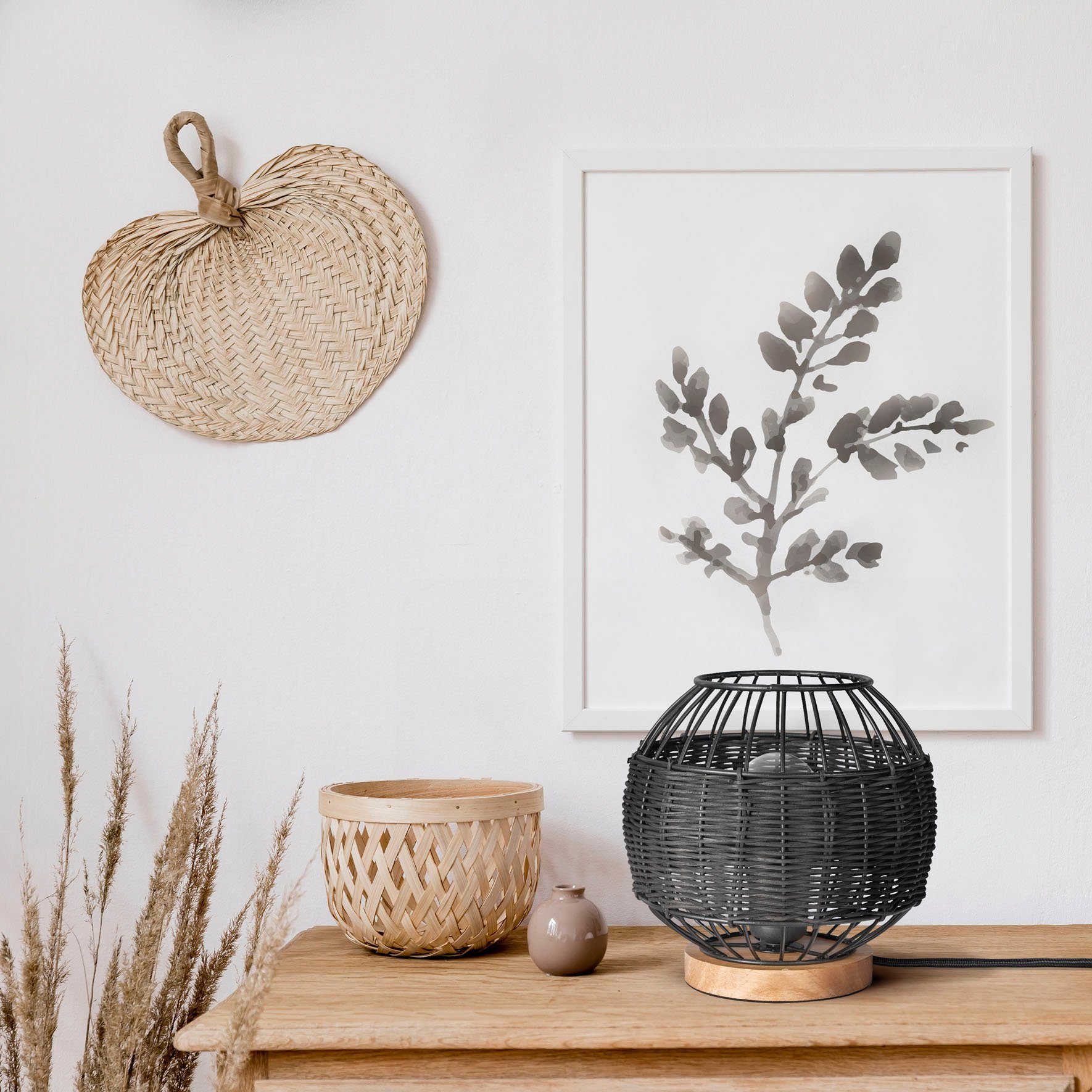 Paco Home Tafellamp PUGLO Rattan schrijf LED rustiek Boho hout E27