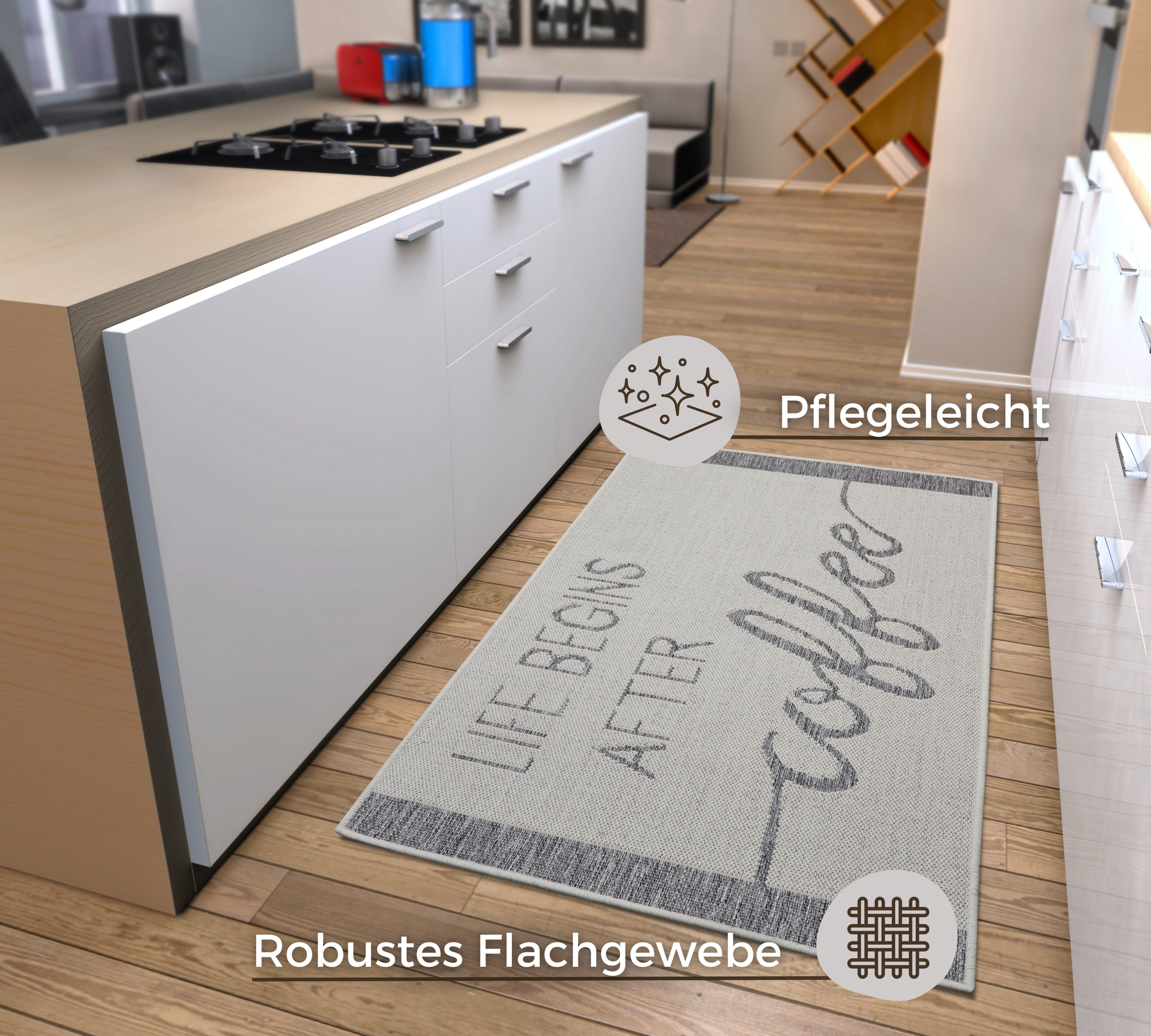 HANSE Home Keukenloper Life Begins After Coffee Loper, antislip, keukenkleed, keuken, vloerkleed, gemakkelijk in onderhoud