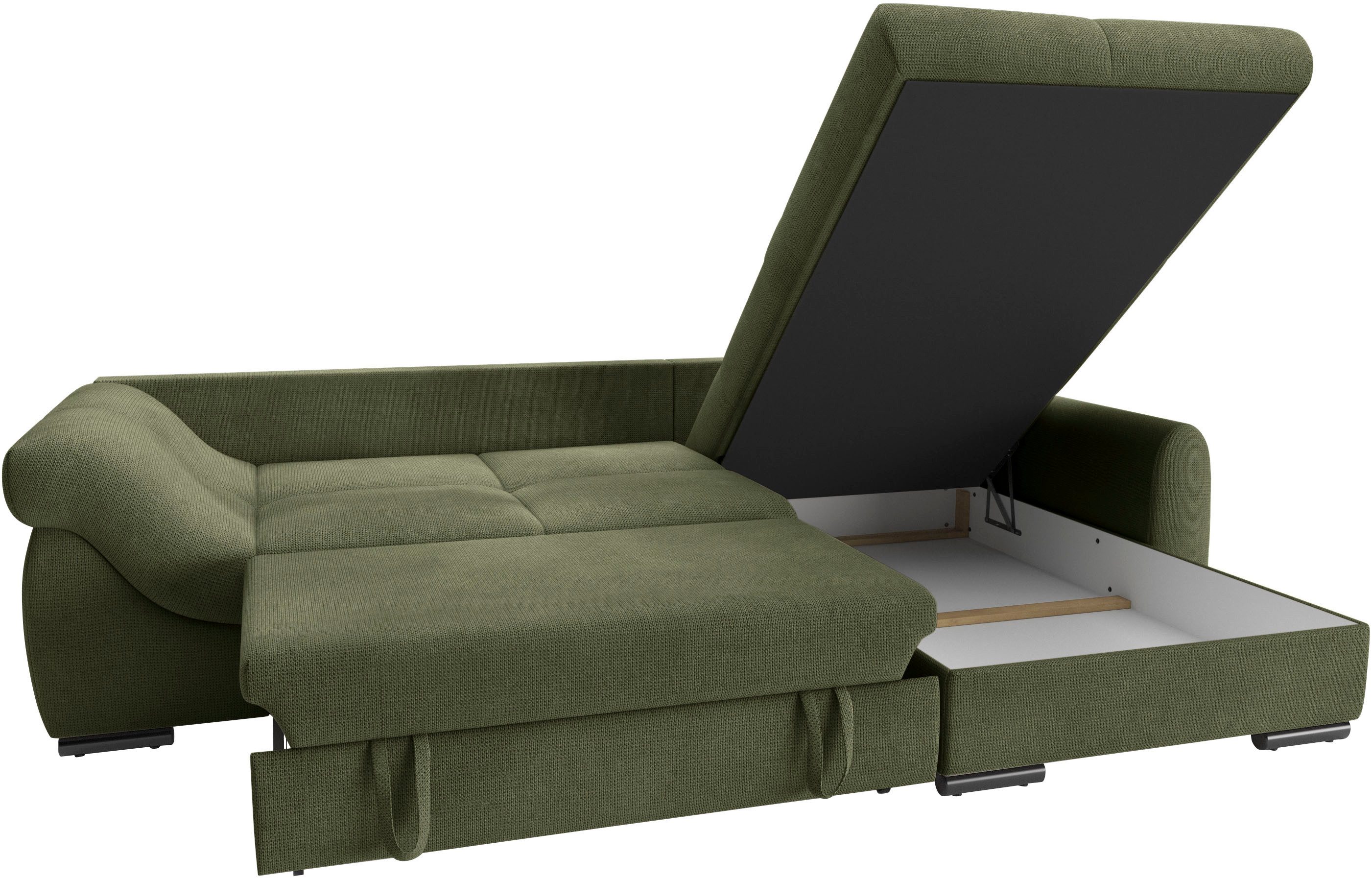 Mr. Couch Hoekbank Livorno L-vorm incl. hoogslaper beduitbreiding, xl bedbox wit gecoat