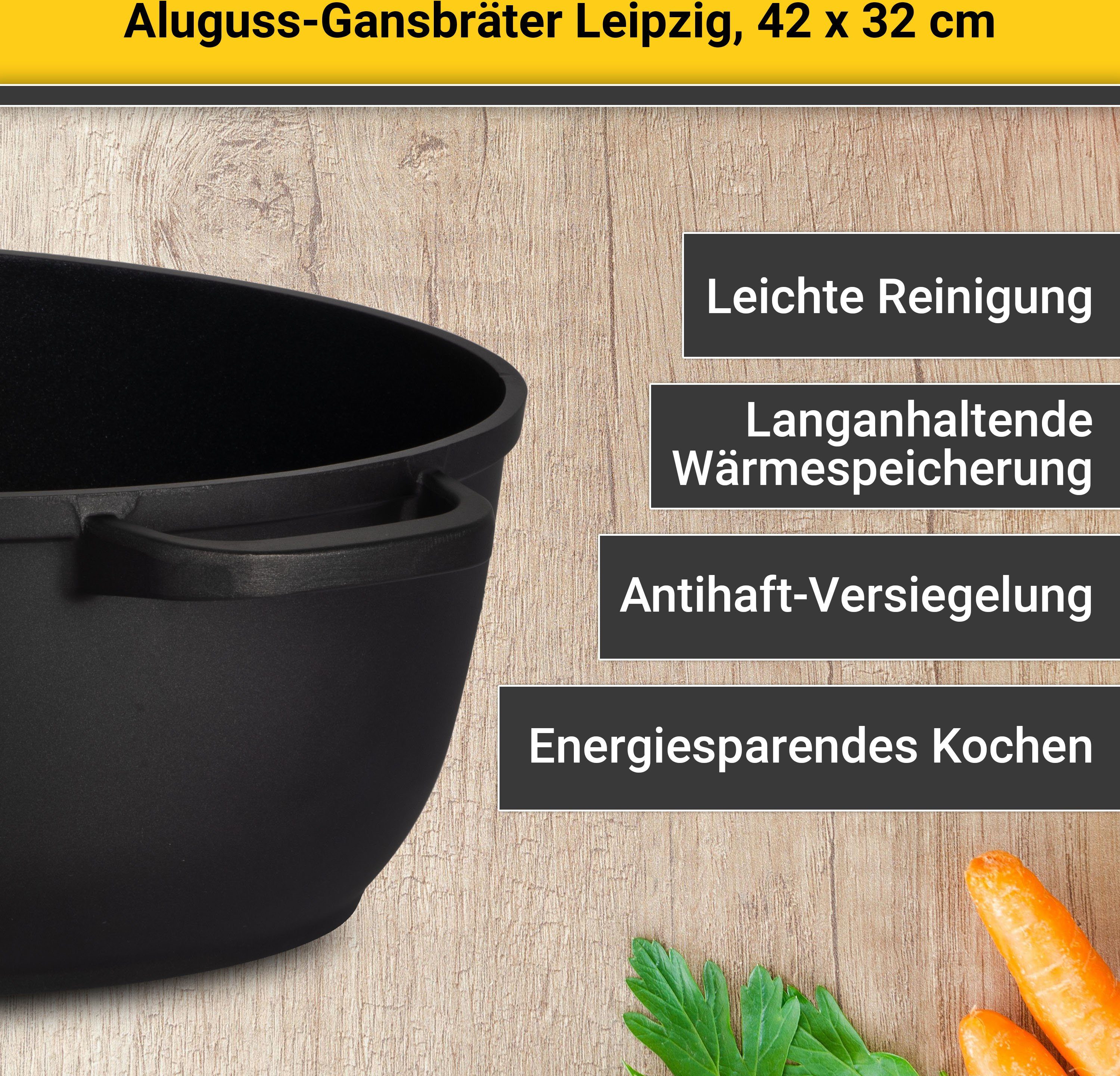 Krüger Braadpan Gietaluminium ganzenbraadpan met glazen deksel en aromaknop LEIPZIG, 42x32x14 cm (1-delig)