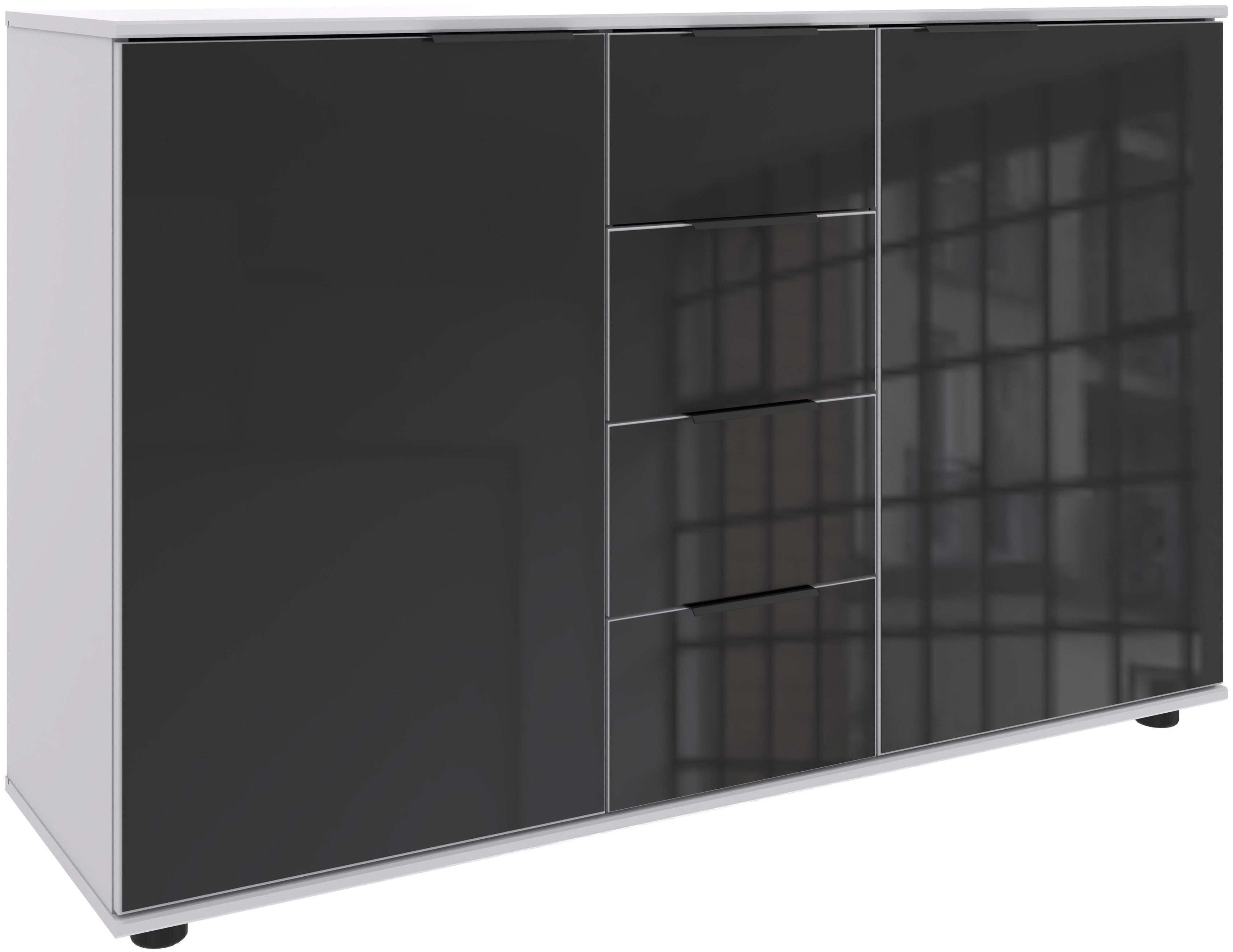 Wimex Kast met laden en deuren Leonberg, sideboard 2-deurs met 4 lades met glazen front, b/d/h 130/41/83 cm, zwarte metalen handgrepen commodes &