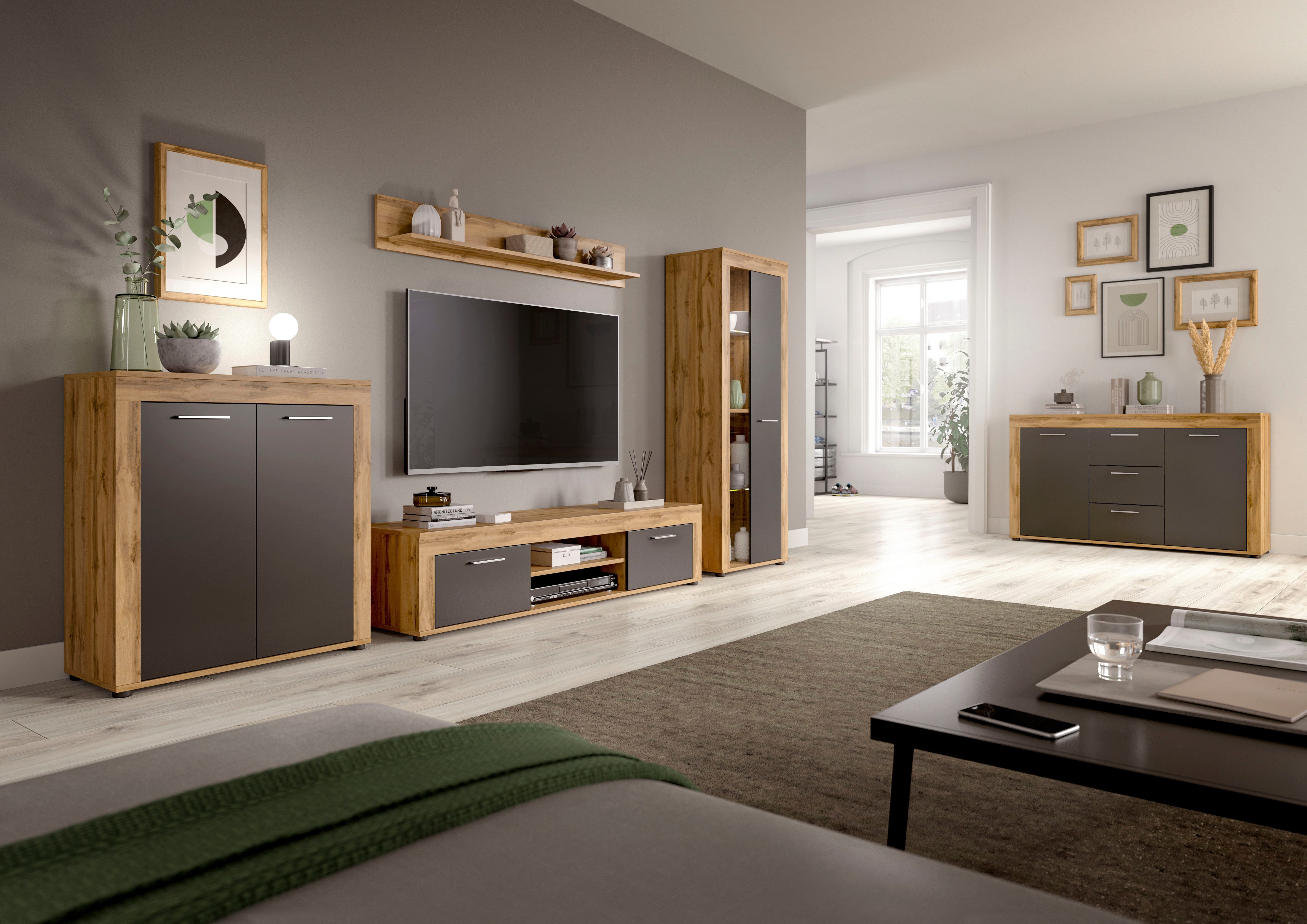 INOSIGN Wandmeubel Aosta, 4-delig, bestaande uit: vitrinekast, lowboard, wandplank & hoge vitrinekast (4-delig)