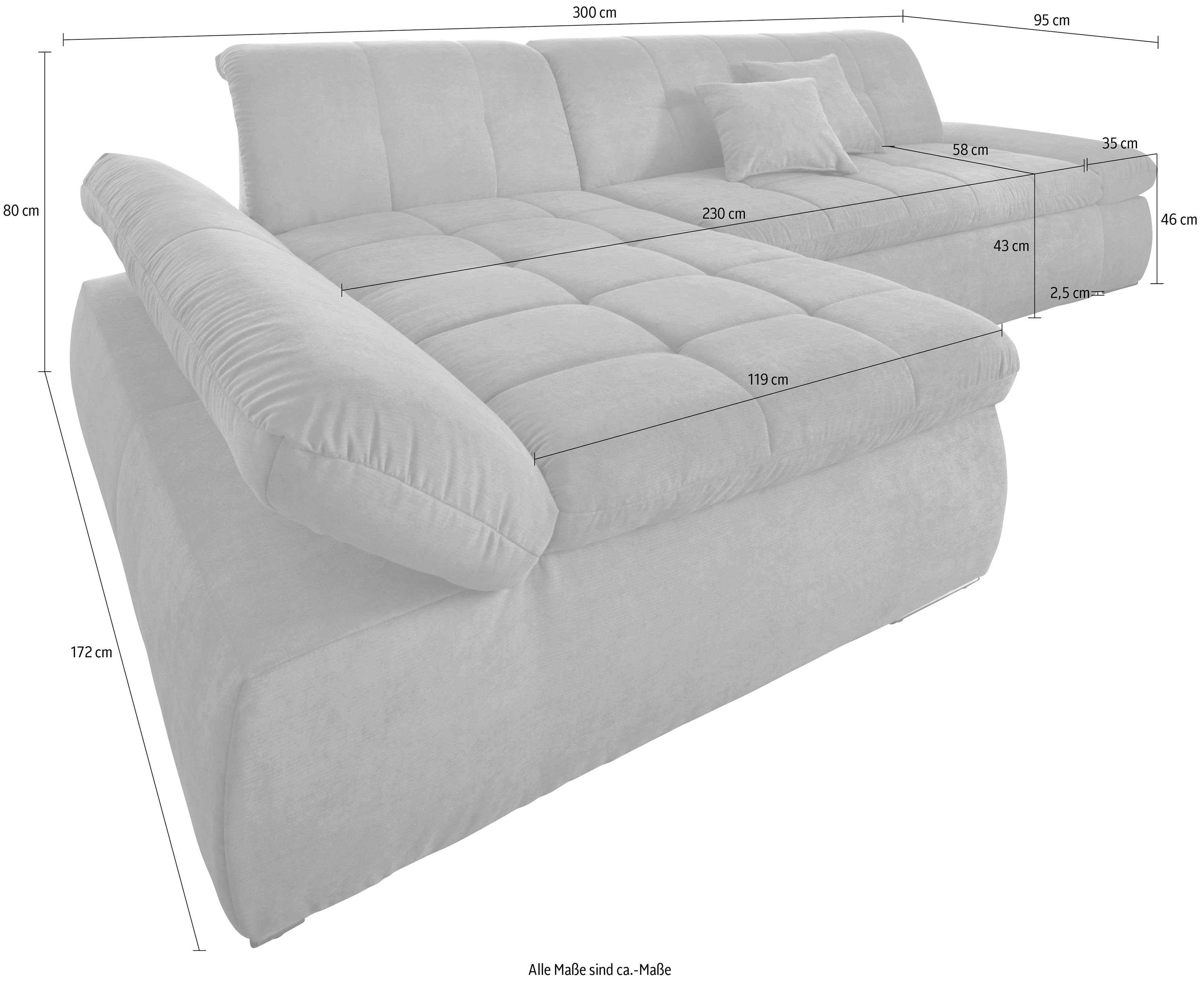 DOMO collection Hoekbank NMoric XXL, B/D/H: 300/172/80cm, L-vorm naar keuze met slaapfunctie en verstelbare armleuning