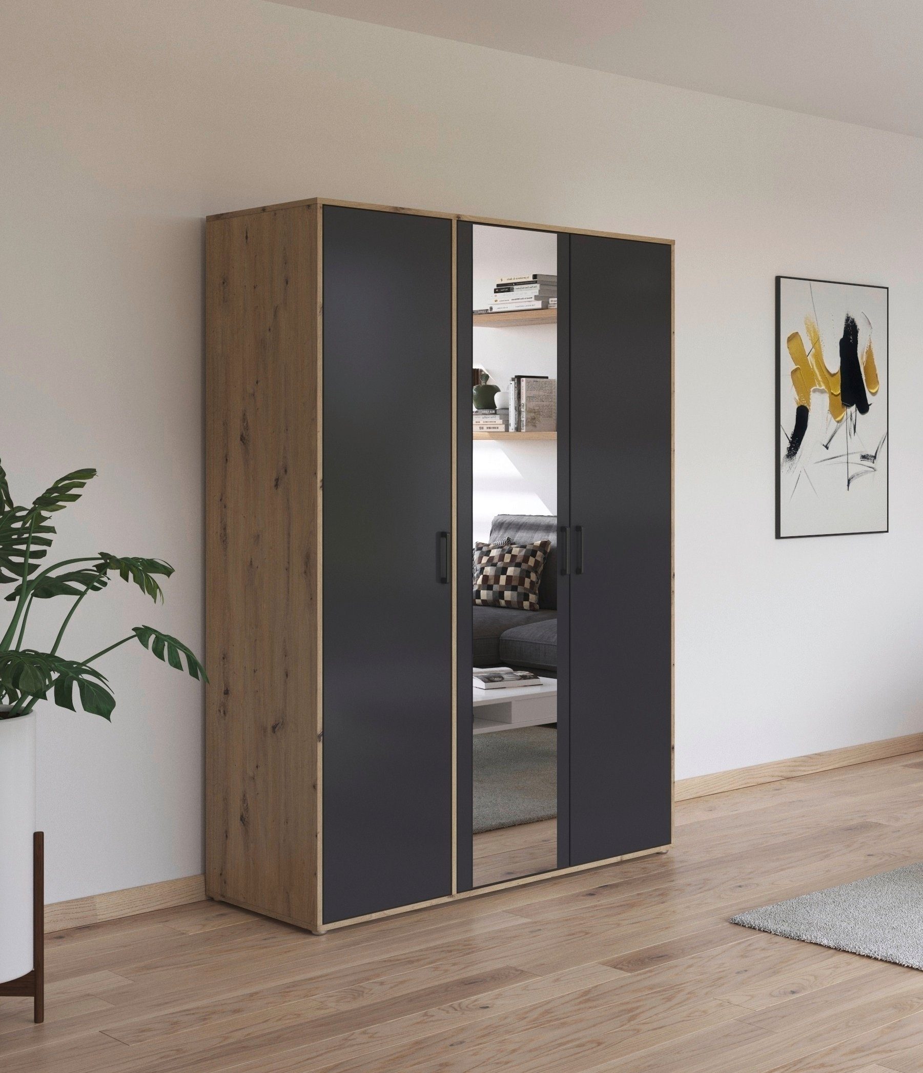 rauch Draaideurkast Voyager met moderne grepen in grijs-metallic en spiegel
