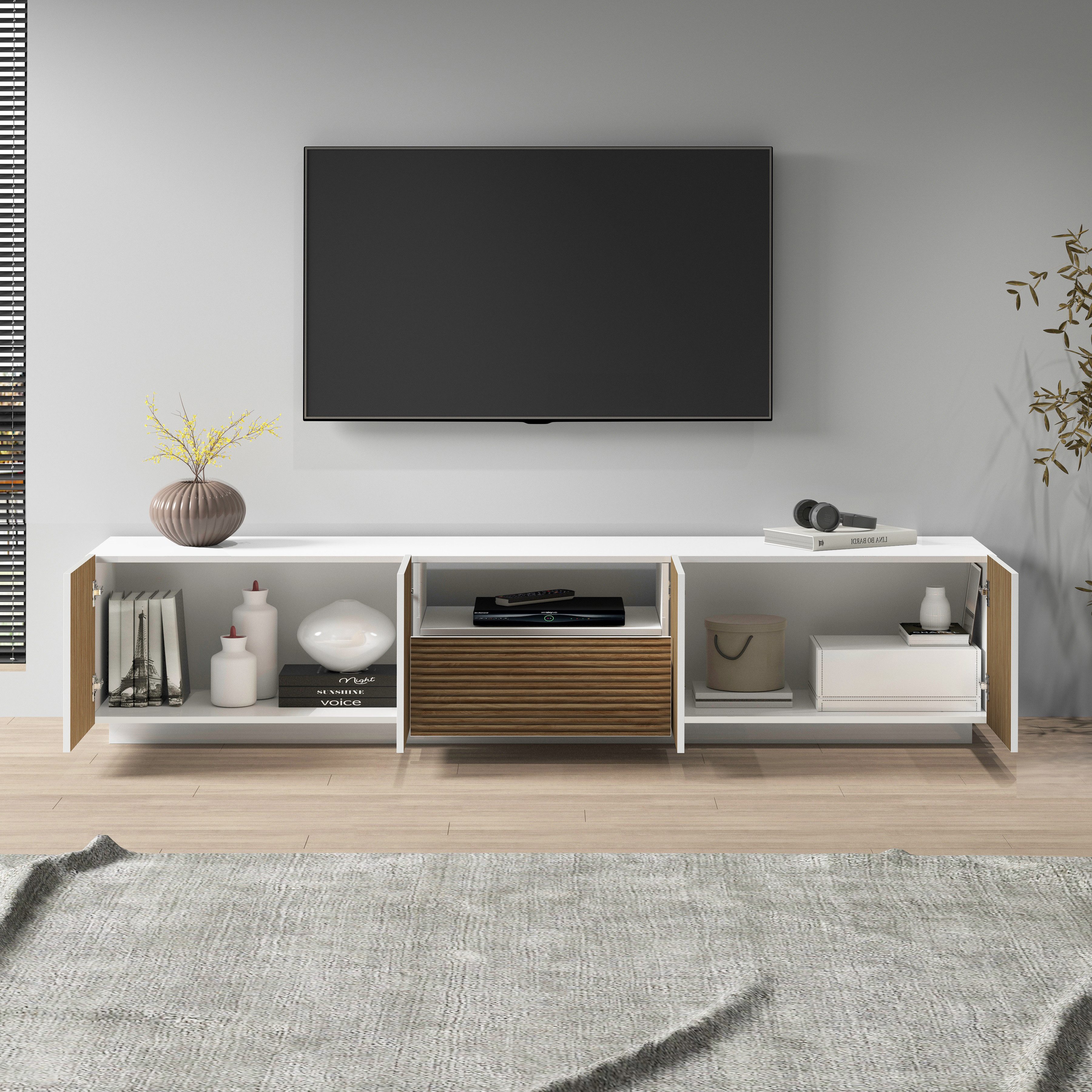 INOSIGN Tv-meubel Vega, Lowboard, TV-meubel, TV-kast, 220 cm met 4 deuren en 1 lade, fronten met groeflook