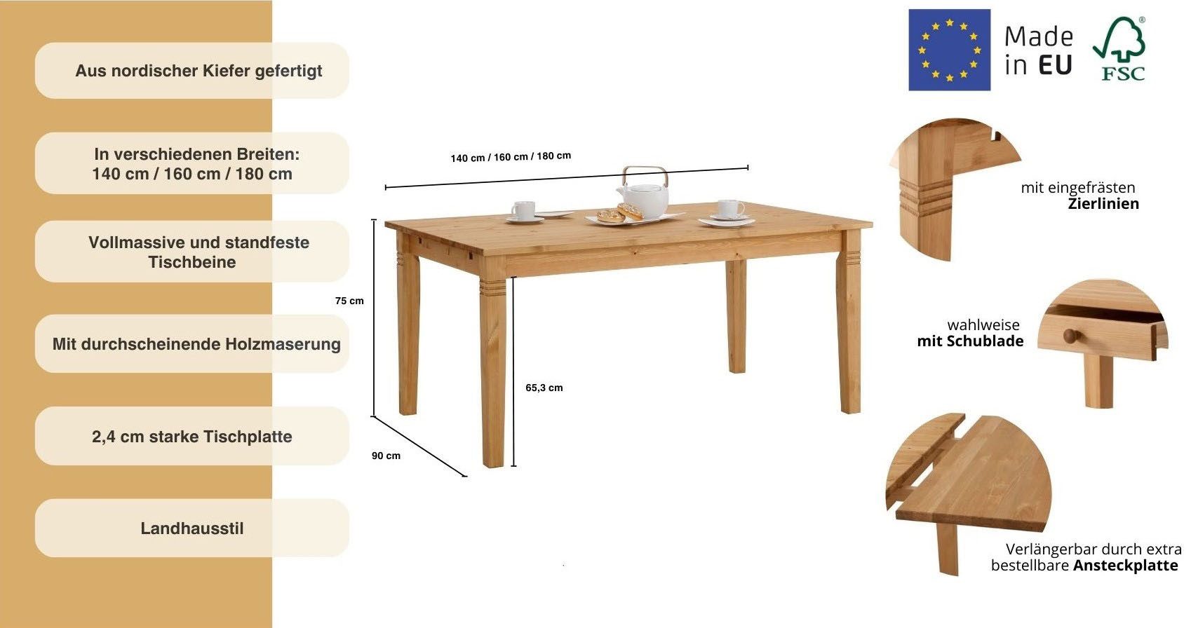Home affaire Eettafel Danuta keuze met lade, van massief grenen, fsc®-gecertificeerd