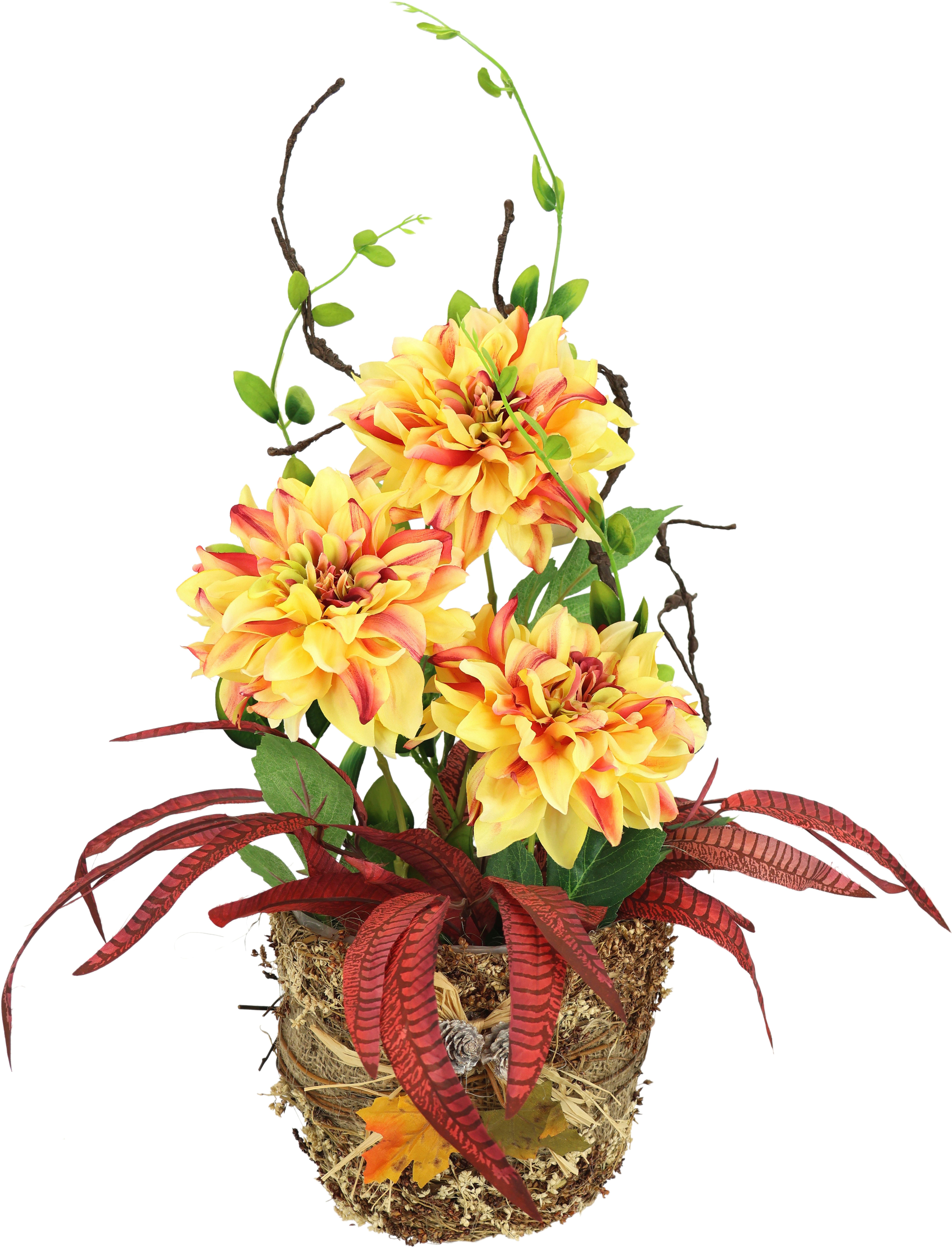 I.GE.A. Kunstbloem Dahlia-arrangement in plantenschaal arrangement van kunstbloemen (1 stuk) kunstbloemen geel