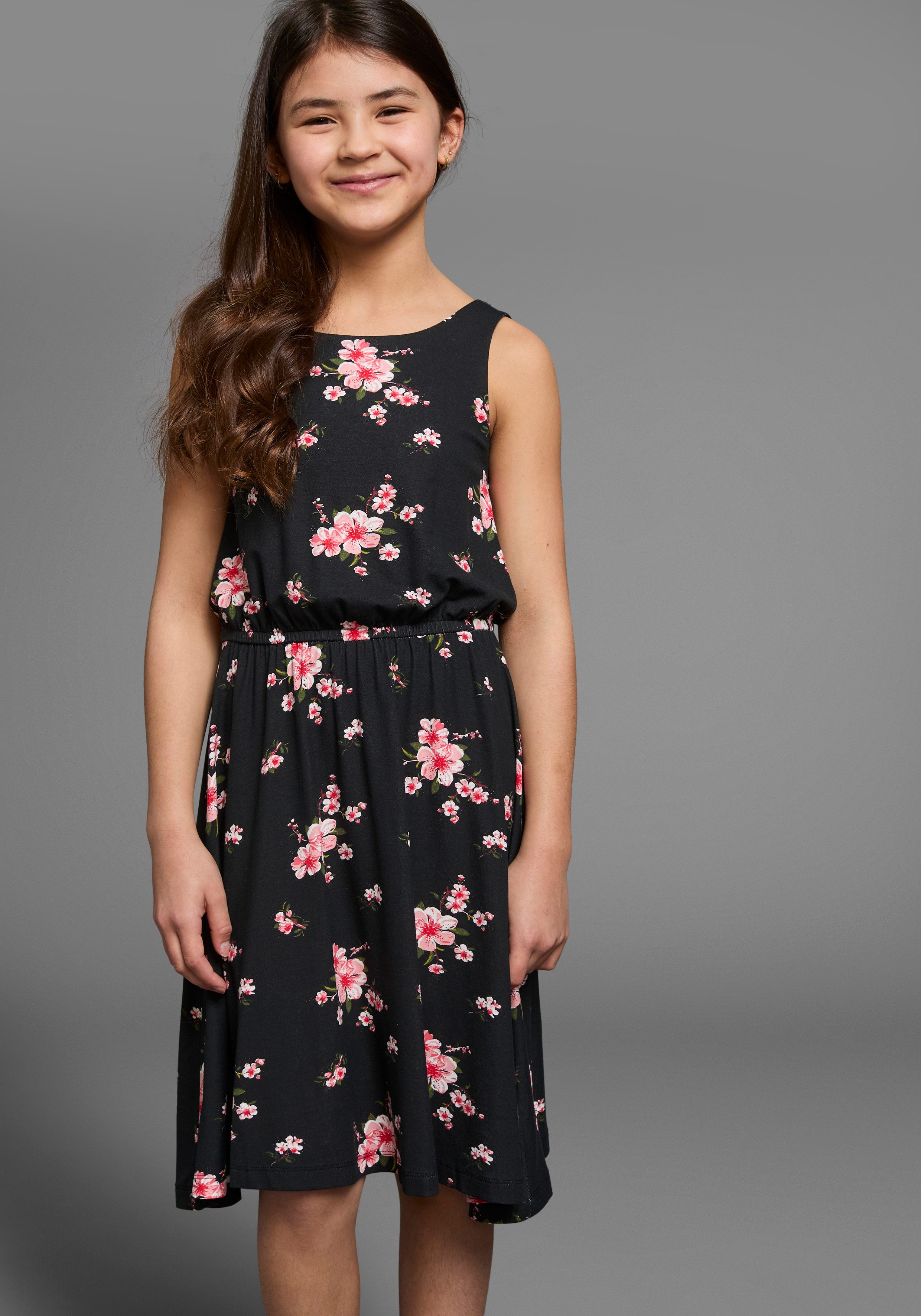 KIDSWORLD Jerseyjurk Voor meisjes zomerse, knie-vrije, bloemige, van katoenmix, mouwloos meisjes jersey jurken maat 176/182 zwart