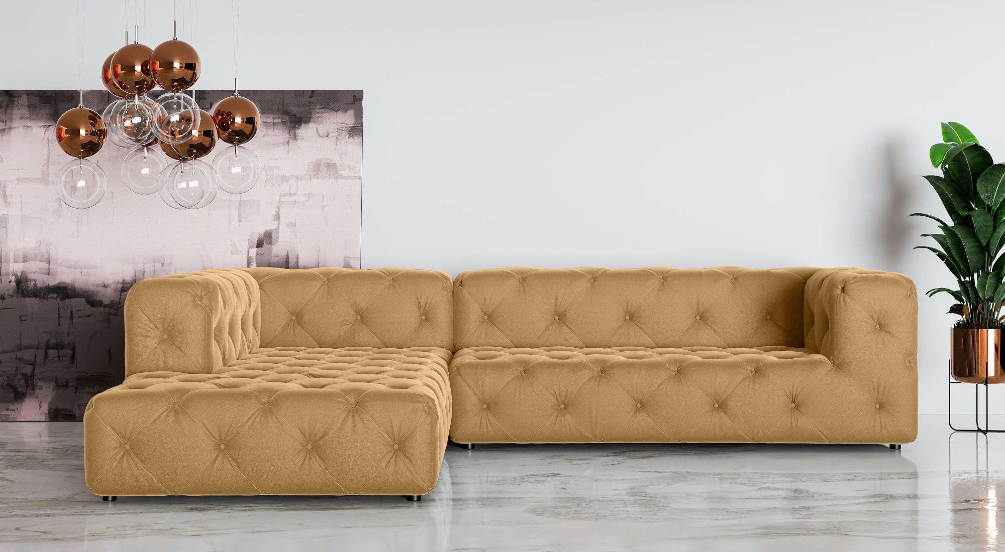 Places of Style Hoekbank FOLLINA L-vorm, met klassieke Chesterfield-knoopstiksels goud, hoekbanken, Ottomane links