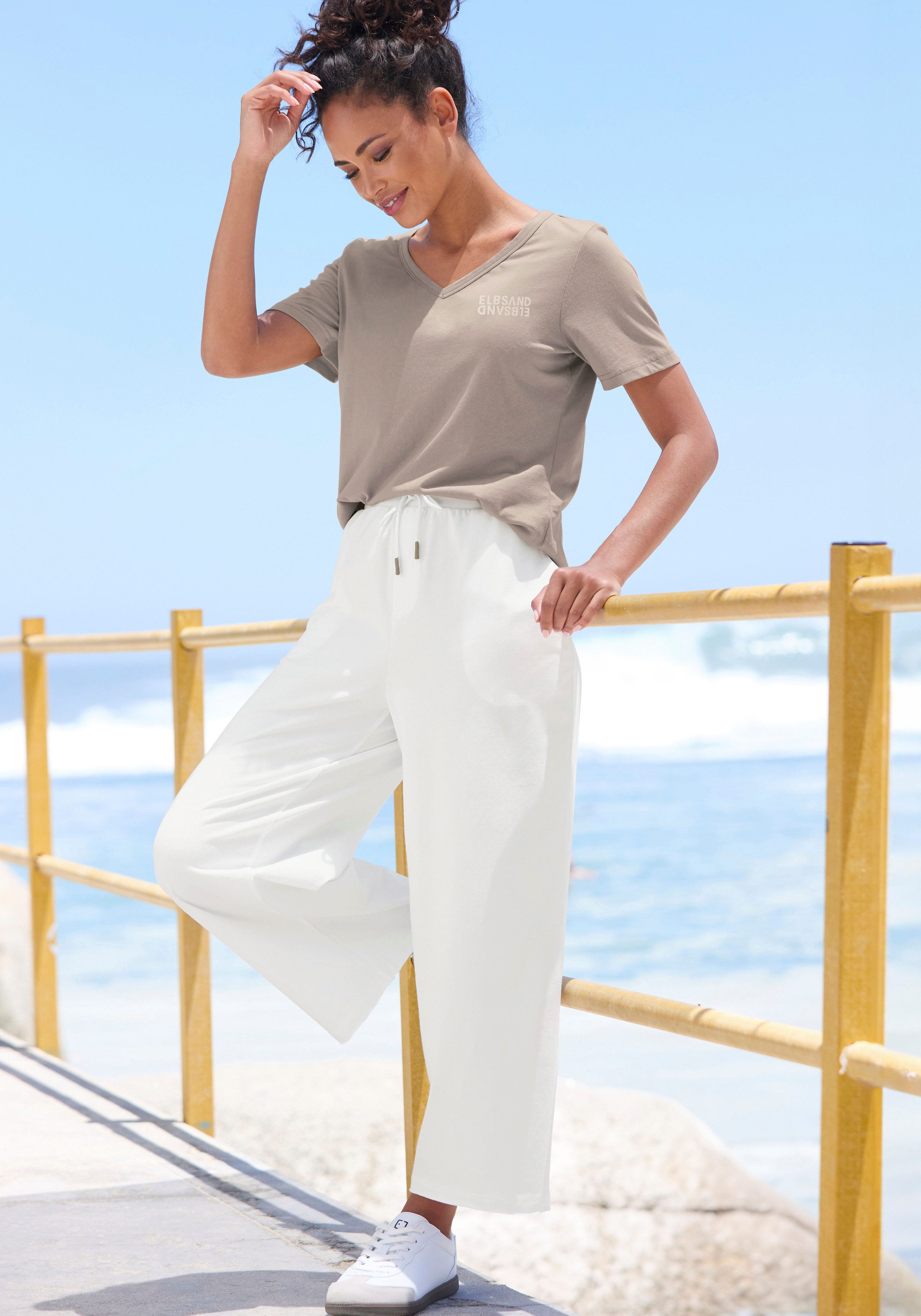Elbsand Shirt met V-hals met logo-print, kortarmshirt, basic