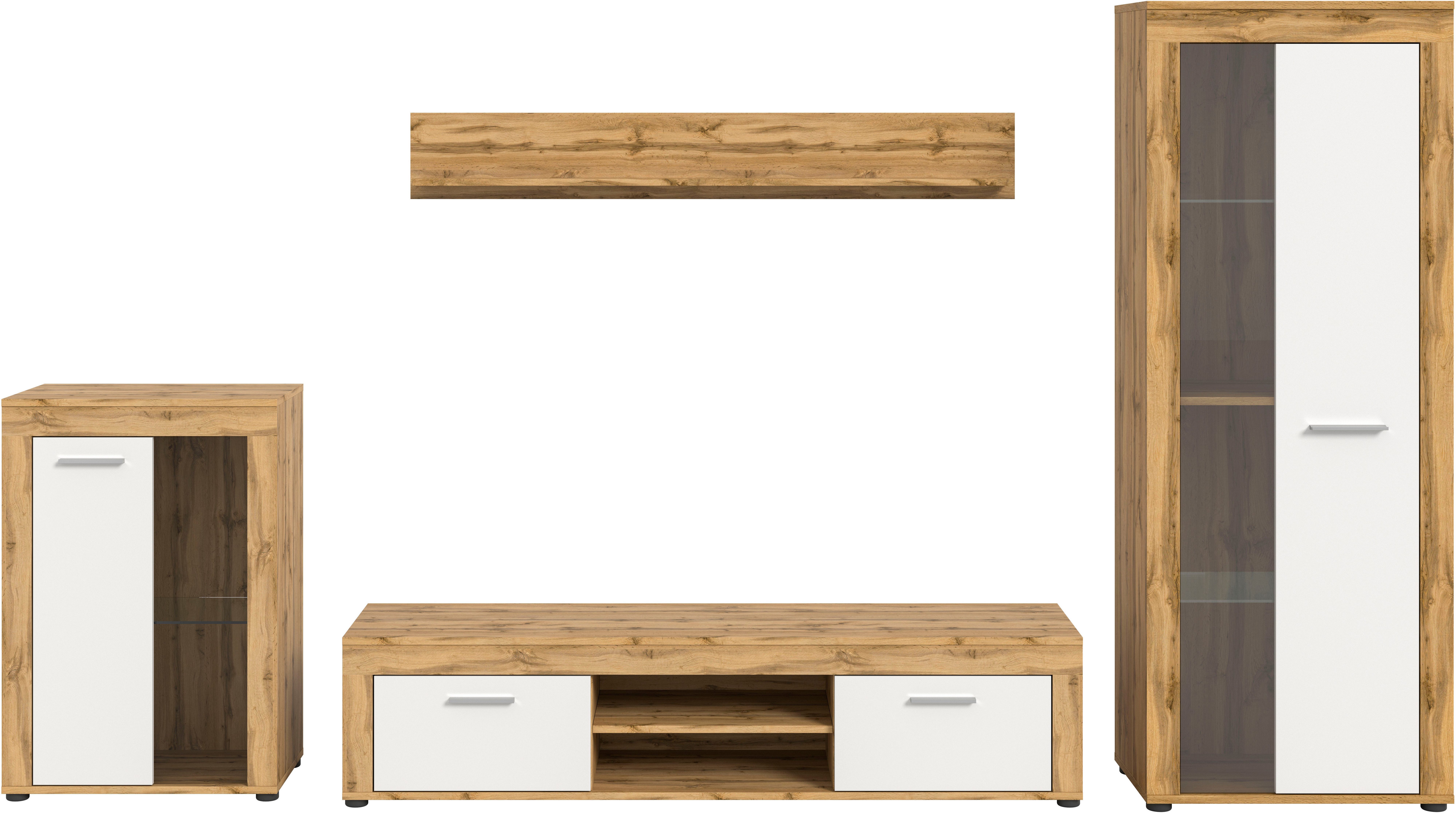 INOSIGN Wandmeubel Aosta, 4-delig, bestaande uit: vitrinekast, lowboard, wandplank & hoge vitrinekast (4-delig)