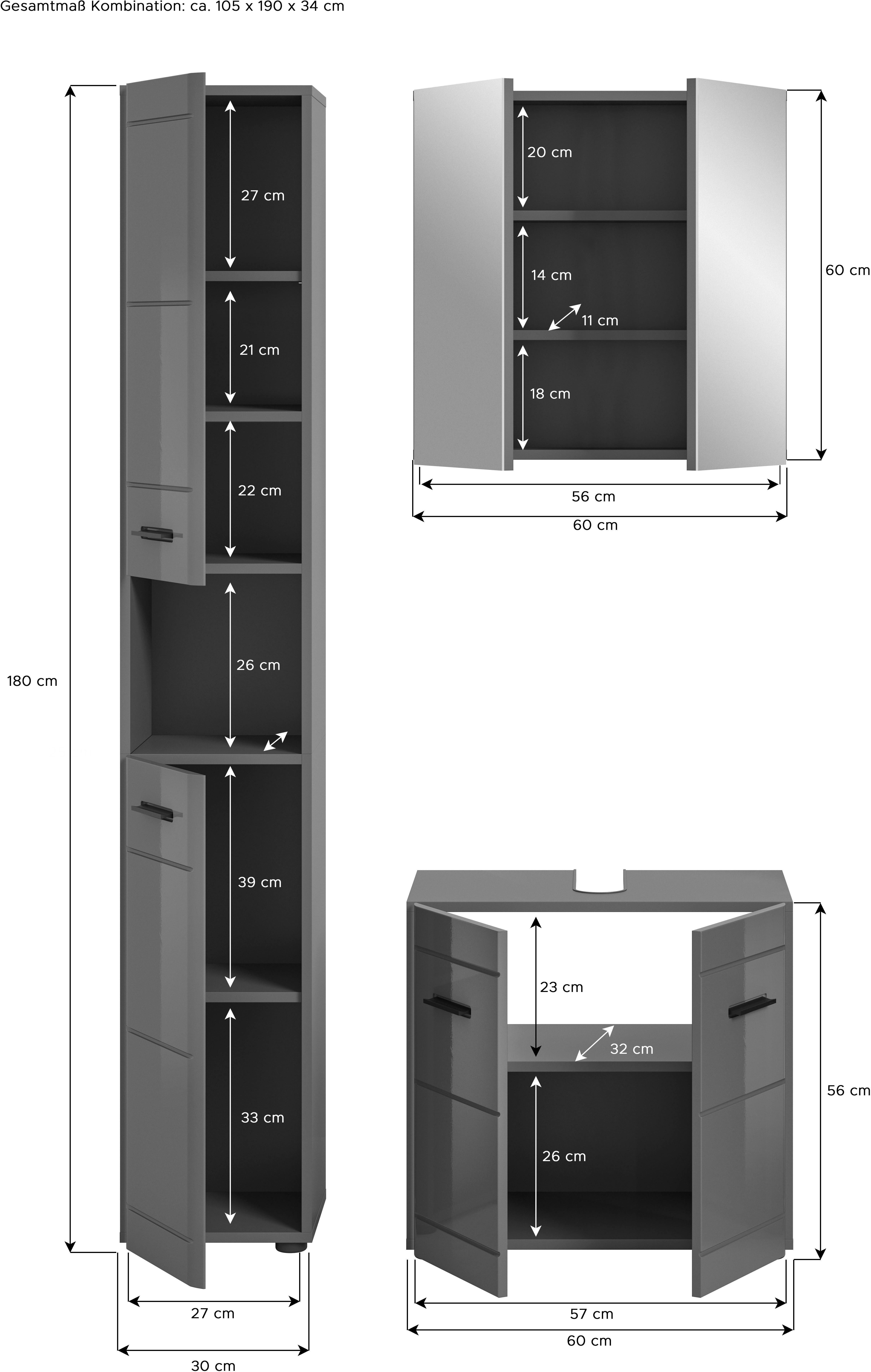 welltime Badmeubelset Doux, bestaande uit: hoge kast, wastafelonderkast Spiegelschrank, hoogwaardige hoogglans MDF front met groeffrasing (3 stuks)