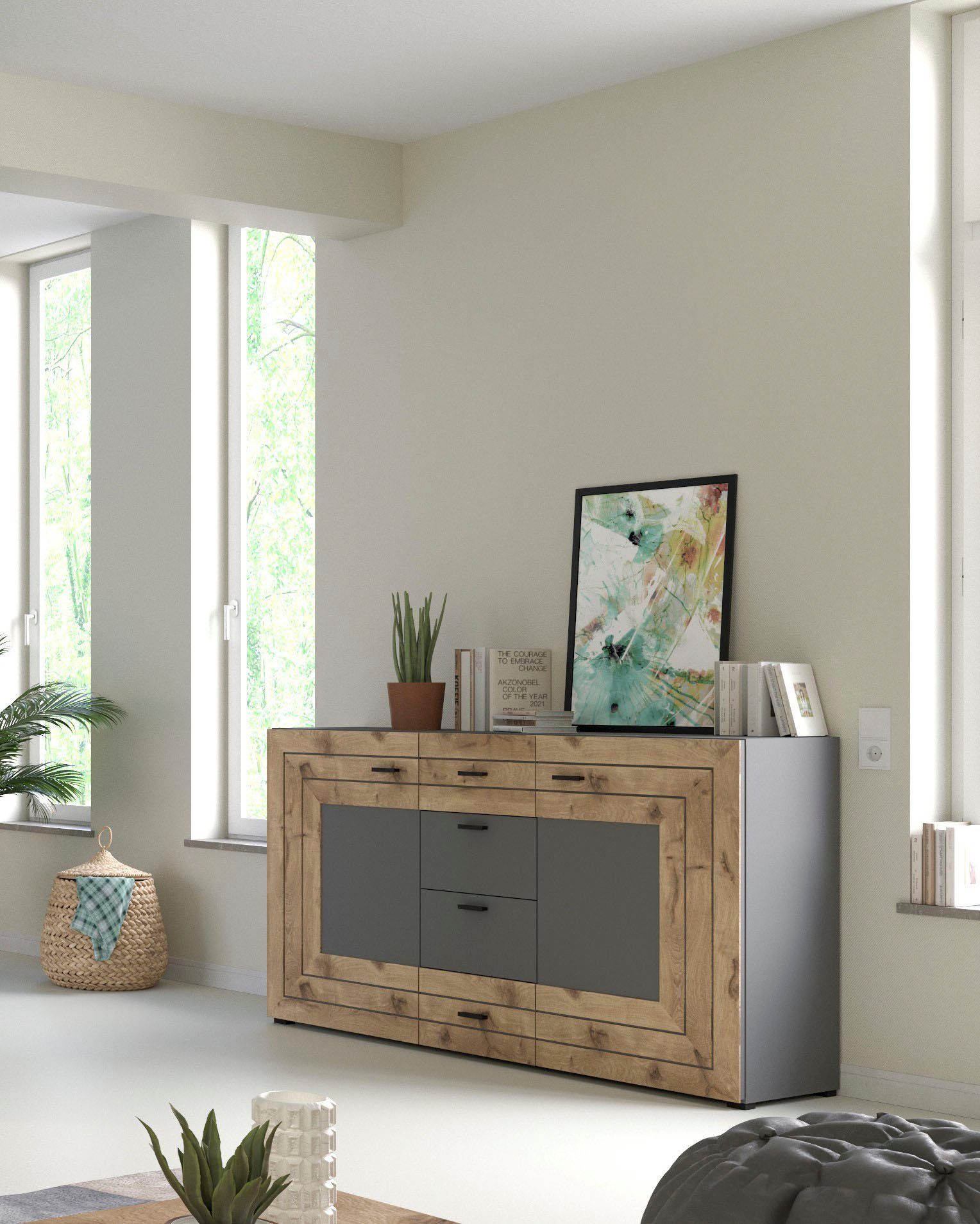 INOSIGN Dressoir Aalborg, breedte 160 cm, 4 lades, 2 deuren, 6 vakken, metalen handgrepen