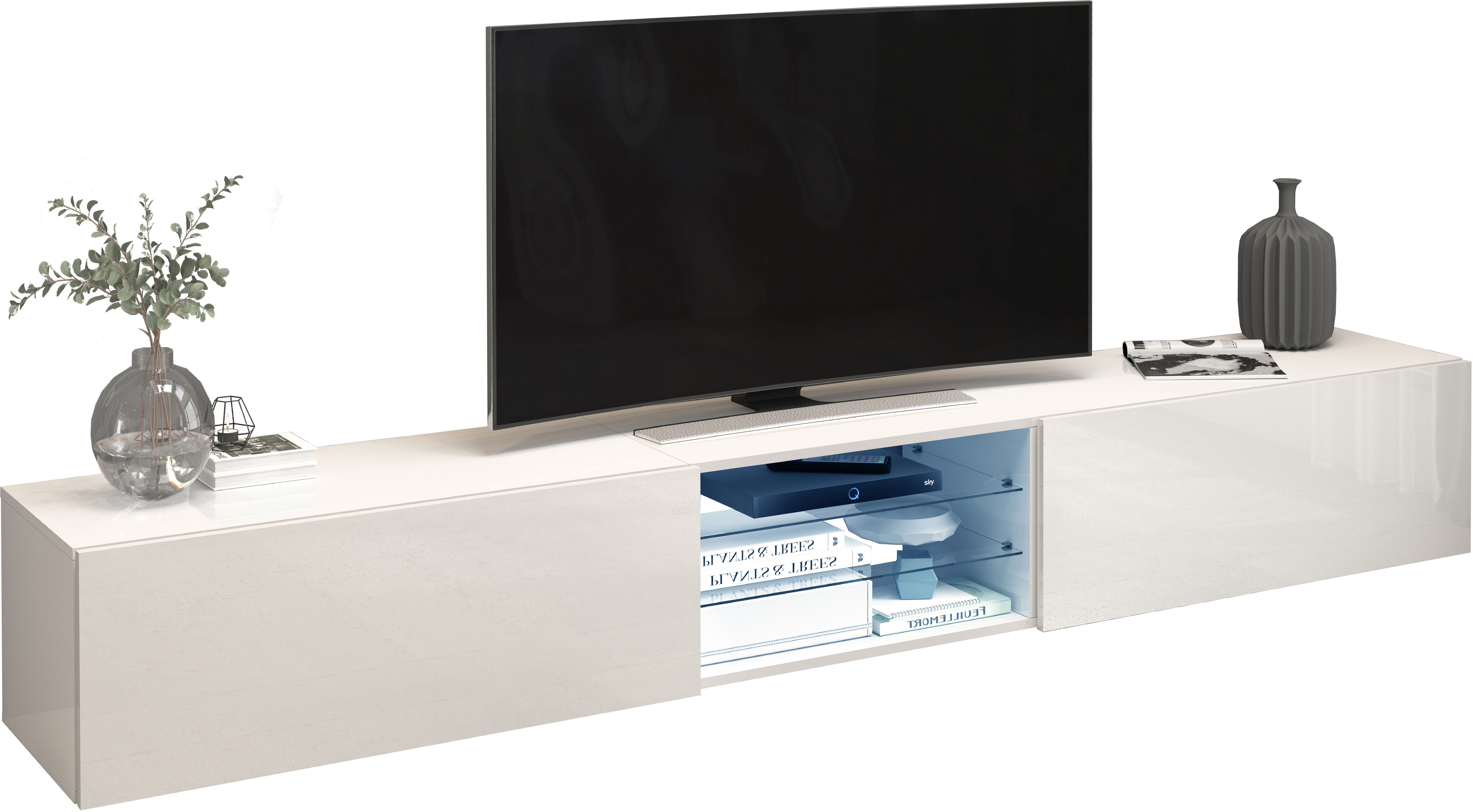 INOSIGN Tv-meubel Egypt, Lowboard, TV-ladekast, TV-meubel, TV-bank met 2 kleppen, 2 glazen planken, volledig hoogglans gelakt (b/d/h) 240x38x35 cm