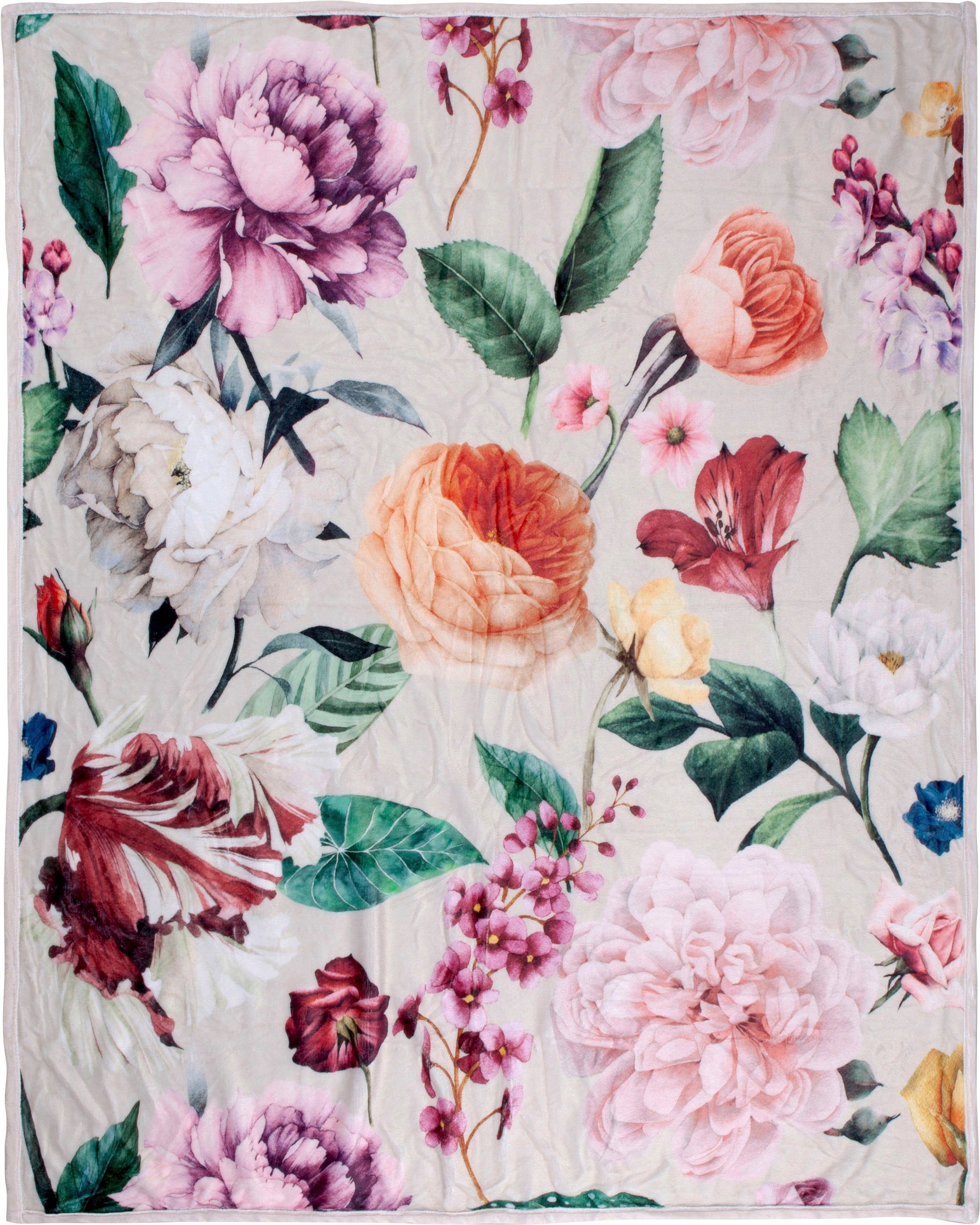 Descanso Plaid Fiori Zeer zacht, knuffeldeken, 130x160 cm, omkeerbaar, bloemen, zand