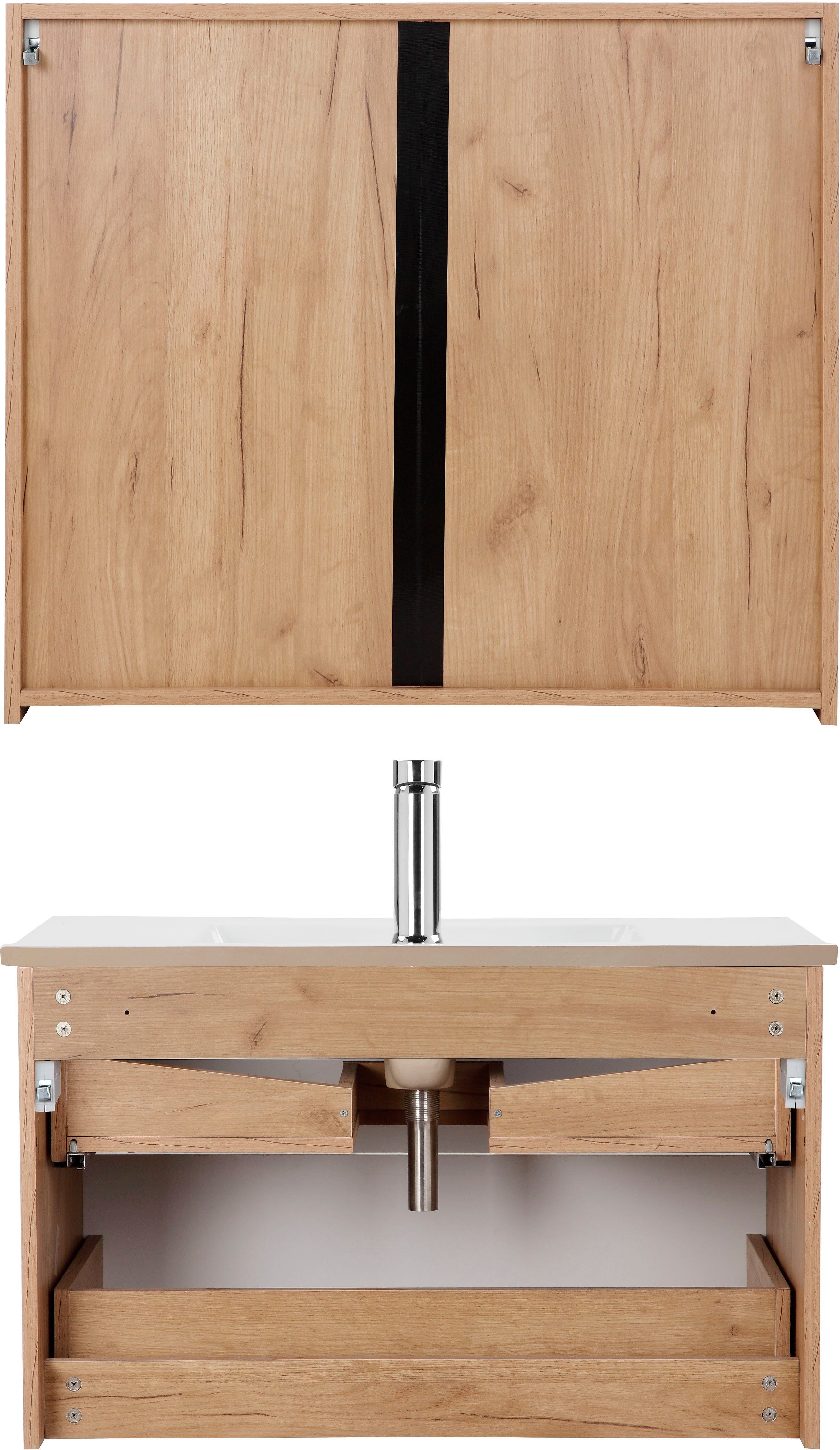 welltime Badkamerserie Lund badkamermeubelset badkamerkast badkamerset Wastafelonderkast, spiegelkast en bekken breedte 80 cm (complete set, 3-delig)