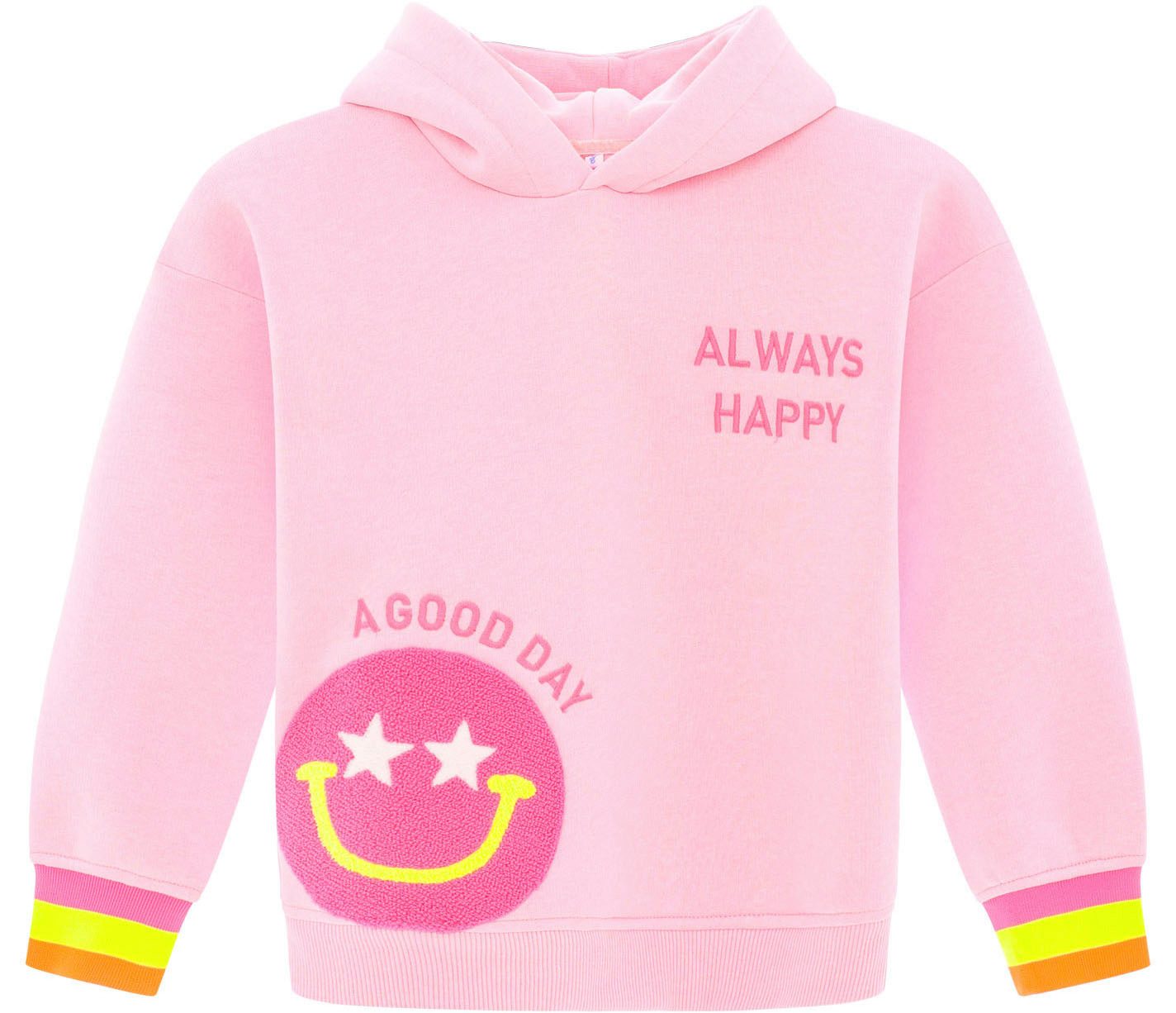 Zwillingsherz Hoodie Always Happy Kids met grote smiley en neonkleurige details