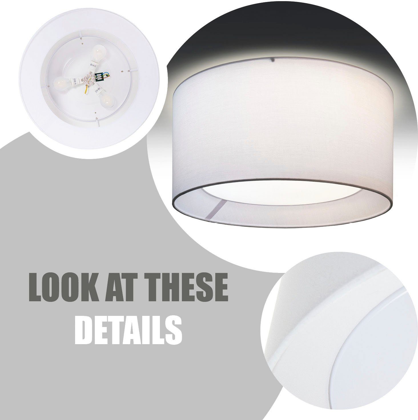 Paco Home Plafondlamp Om Rond kantoor textielkap 3 x E27 modern gesloten uni