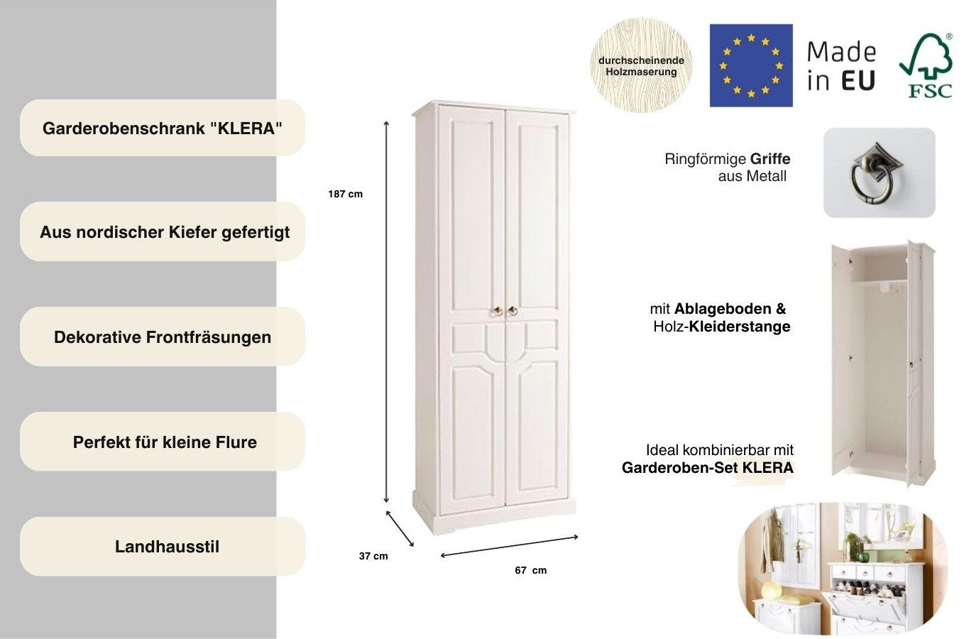 Home affaire Kledingkast Klera Gemaakt van massief, FSC-gecertificeerd grenen, 67 cm breed