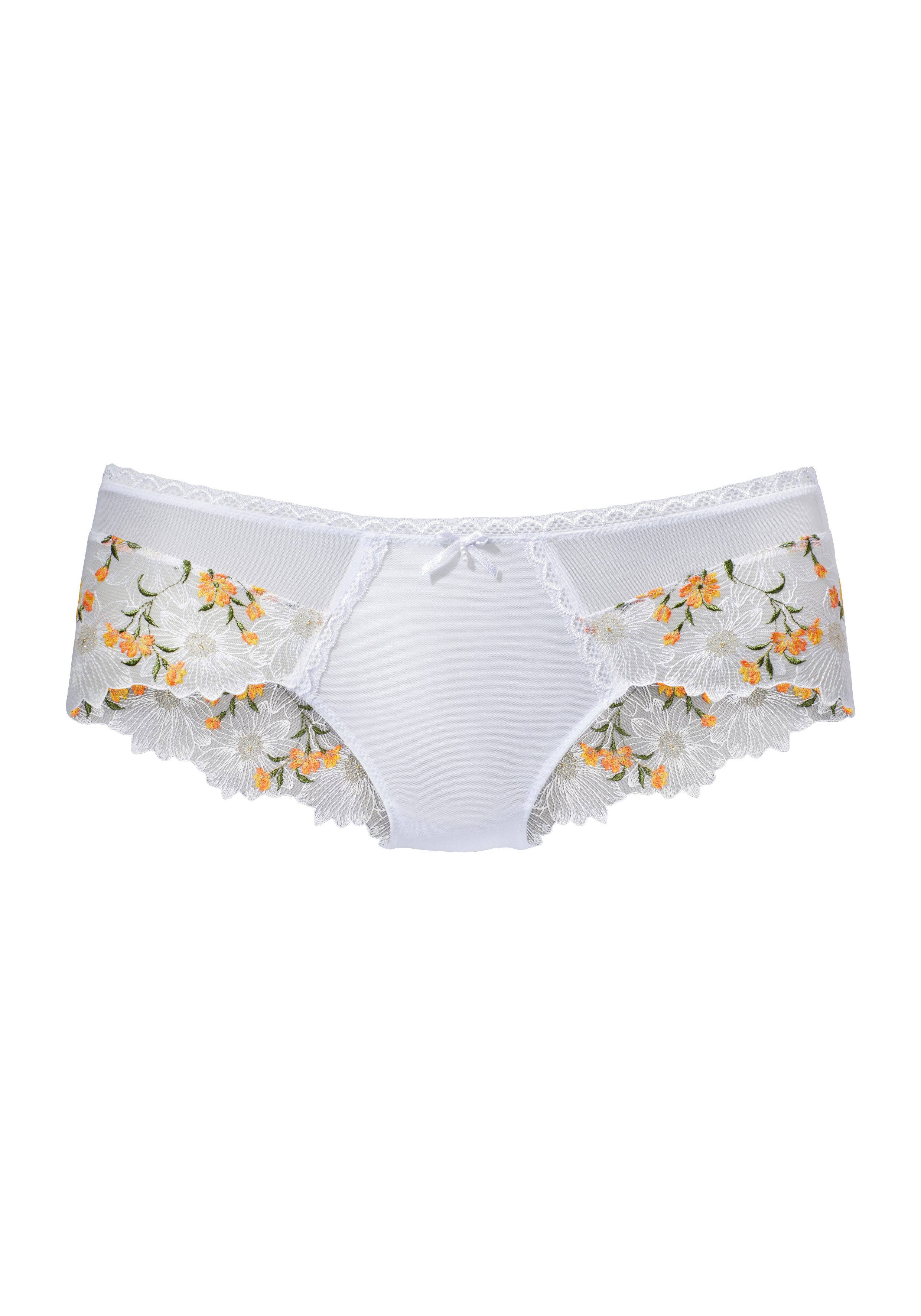 Lascana Stringpants van delicate, bloemige borduurkant en zachte soft-mesh