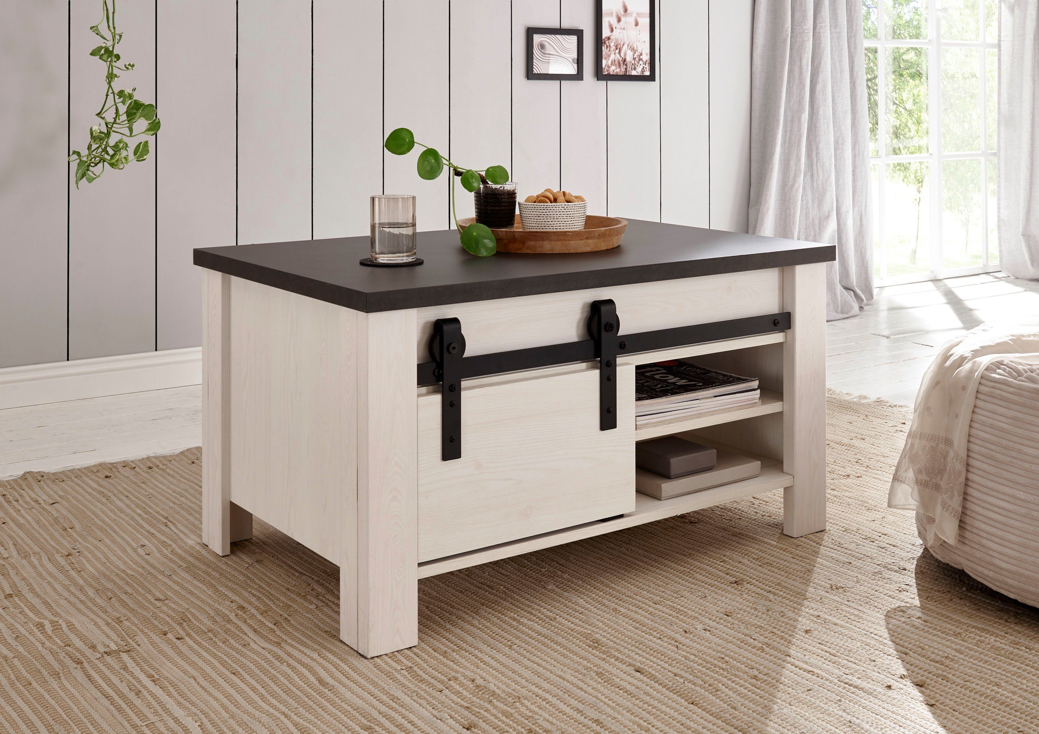 Home affaire Salontafel Sherwood moderne houtdecor, met schuurdeurbeslag van metaal, breedte 93 cm
