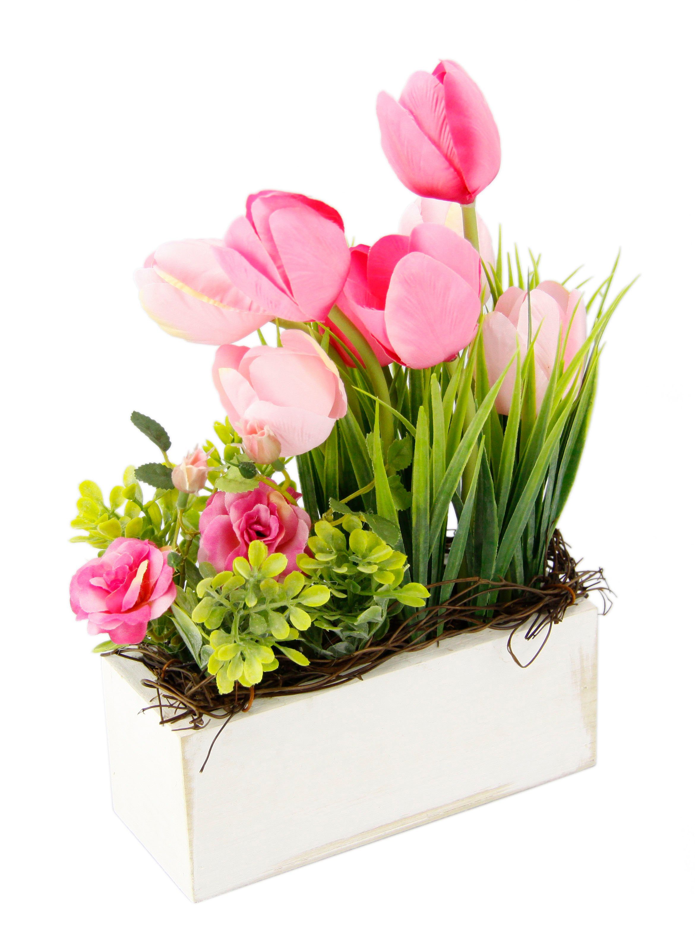my home Takken Tulpen wilde rozen en gras In pot, van hout, bloemdecoratie (1 stuk) kunsttakken roze