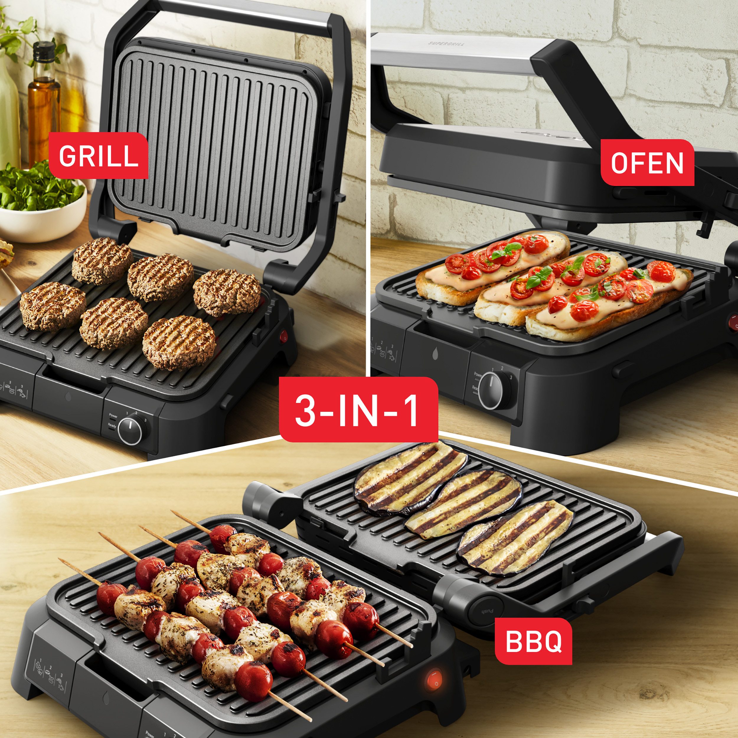 Tefal Contactgrill SuperGrill 3in1, Kontaktgrill, Barbeque-, Ofenposition, 3 Temperaturen