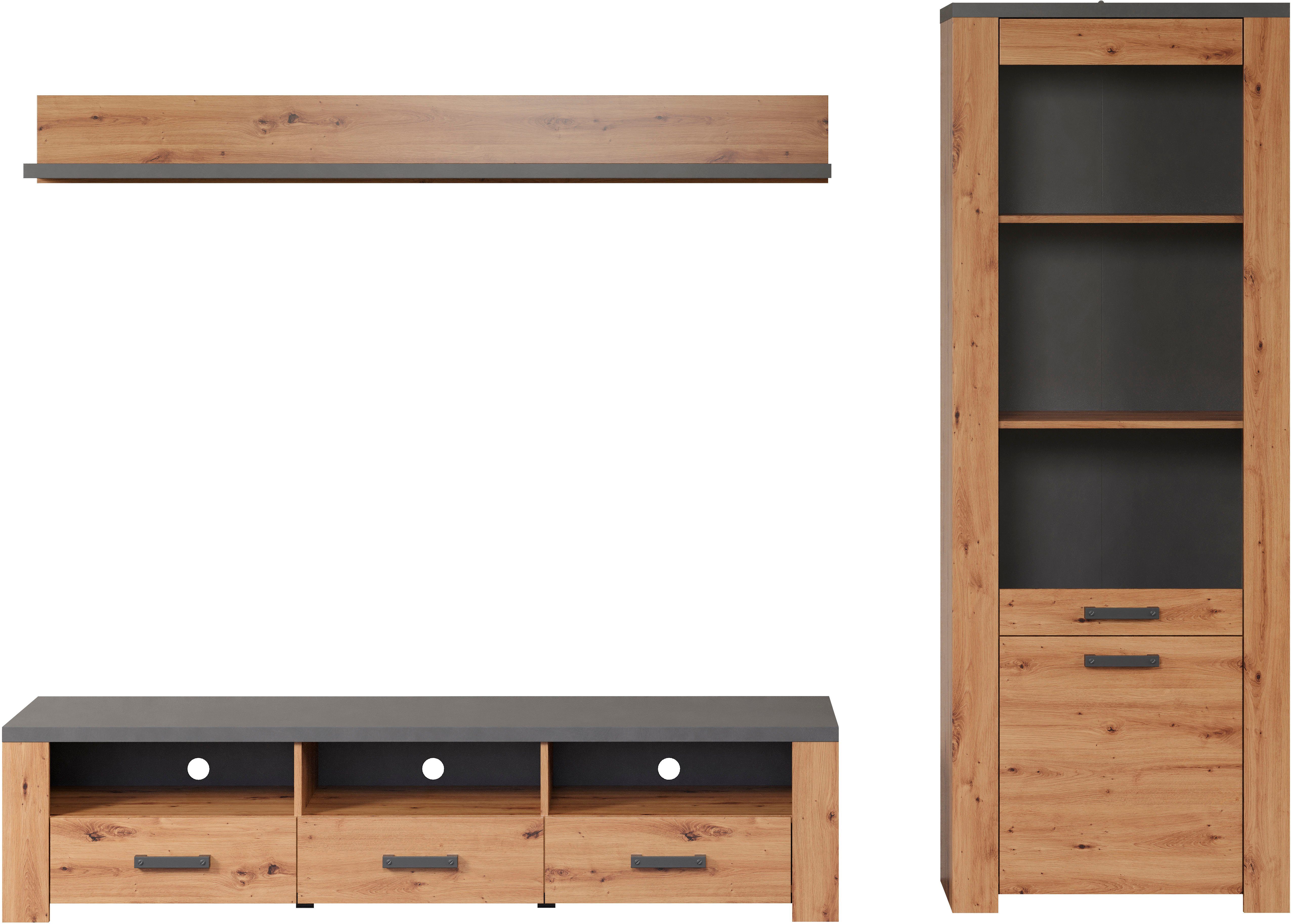 Home affaire Tv-wandmeubel Ambres Kleine, moderne tv-set, look van echt hout, breedte ca. 268 cm, mat (3-delig)
