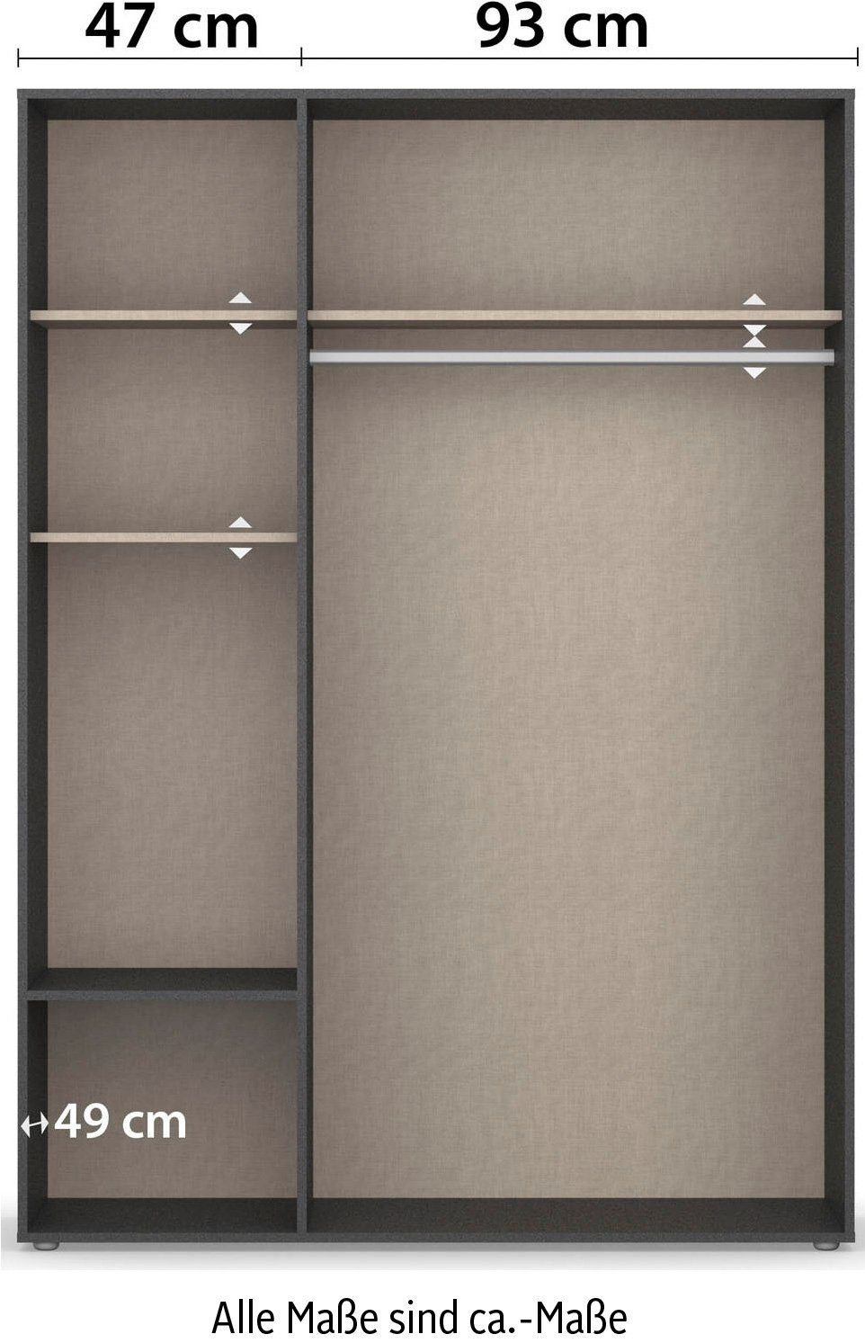 rauch Draaideurkast Voyager, kledingkast met buitenladen, garderobe moderne grepen in grijs metallic met buitenlades made in germany