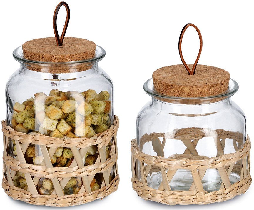 Zeller Present Glazen voorraadpot Boho Macramé-look (set, 2-delig) voedsel bewaardozen wit