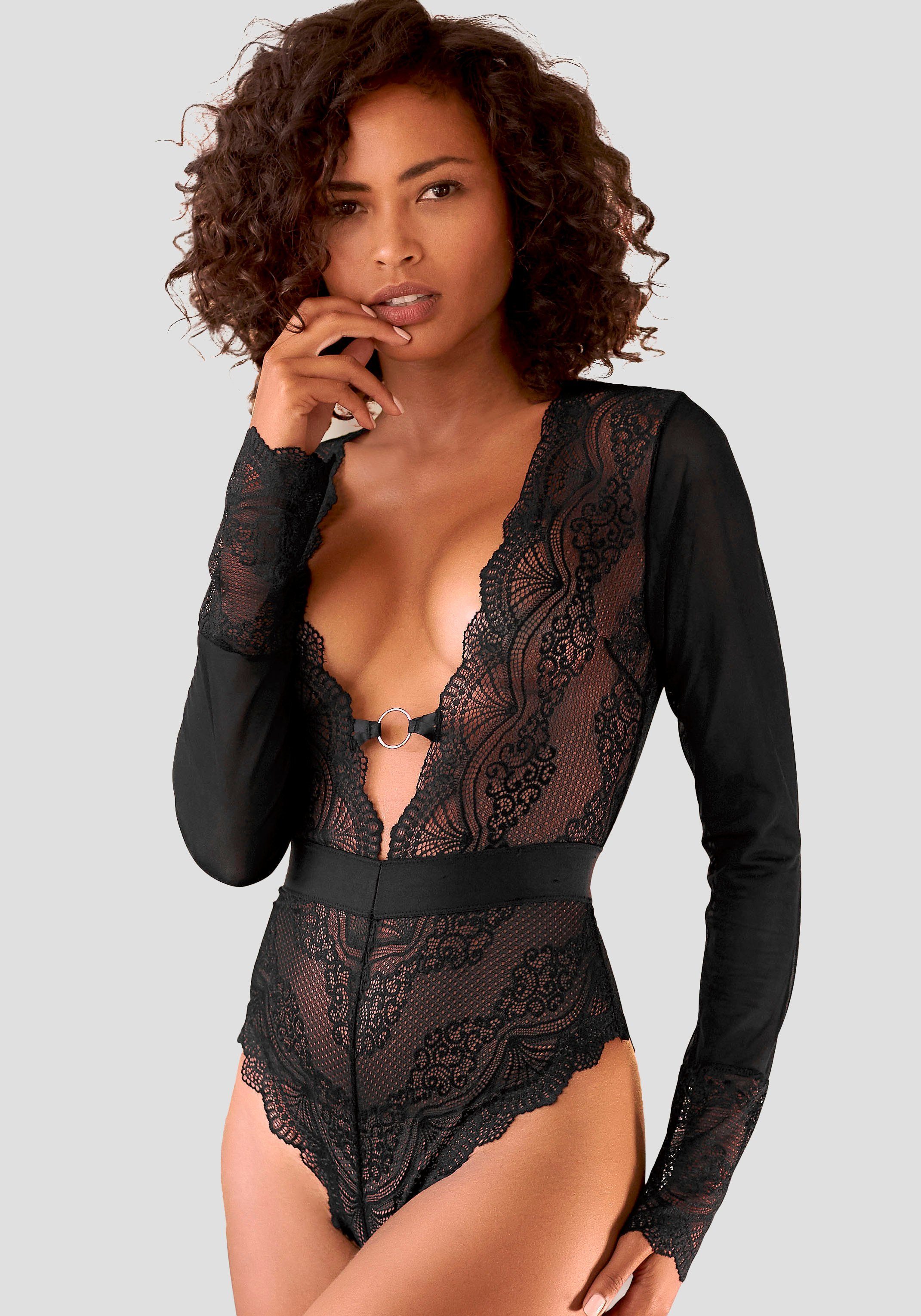 Lascana Body van transparante kant, sexy dessous dames body's maat 32 zwart