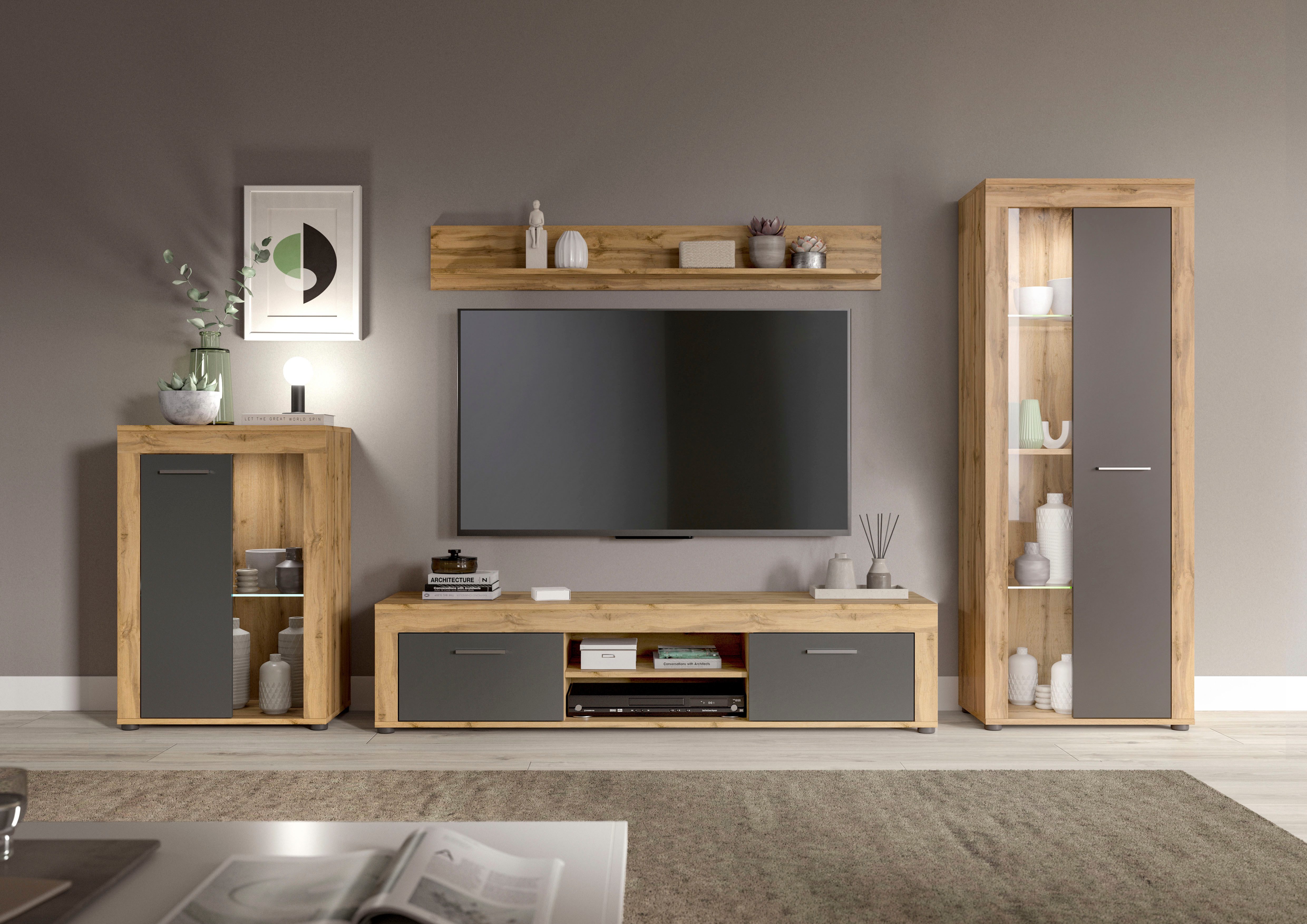 INOSIGN Wandmeubel Aosta, 4-delig, bestaande uit: vitrinekast, lowboard, wandplank & hoge vitrinekast (4-delig) tv-wandmeubels grijs