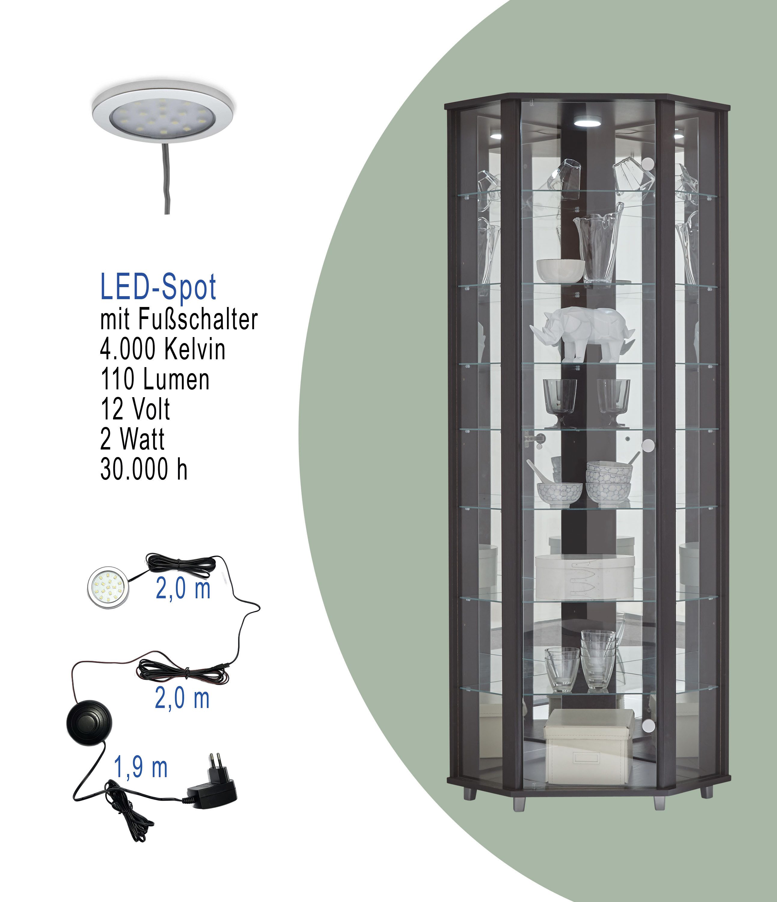 fif möbel Hoekvitrinekast TRIO hoogte ca. 172 cm, incl. verlichting Hoekvitrine/Glasvitrine 1x Glazen deur, perfect voor verzamelaars, verzamelvitrine
