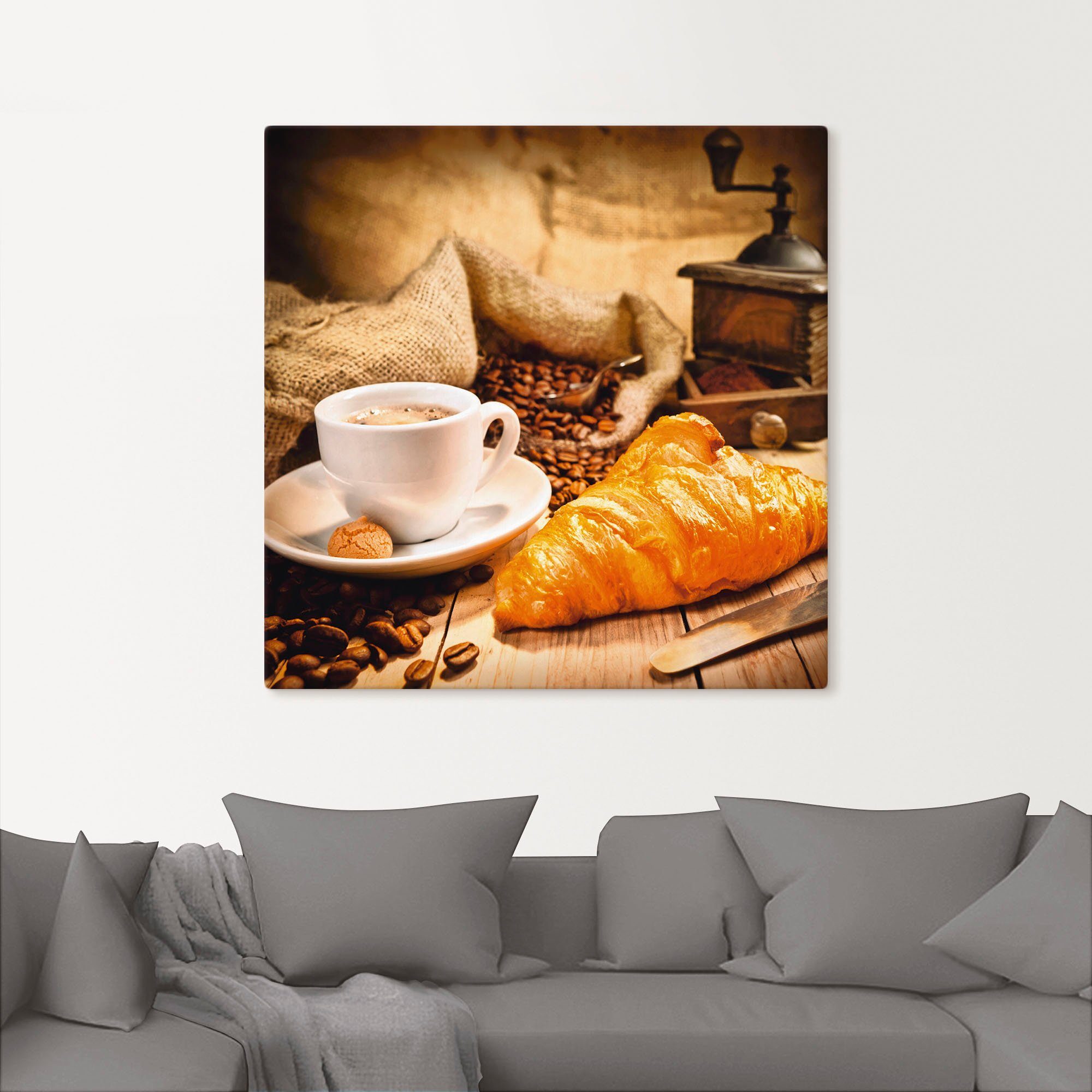 Artland Artprint Koffiekopje met croissant als artprint op linnen, poster in verschillende formaten maten