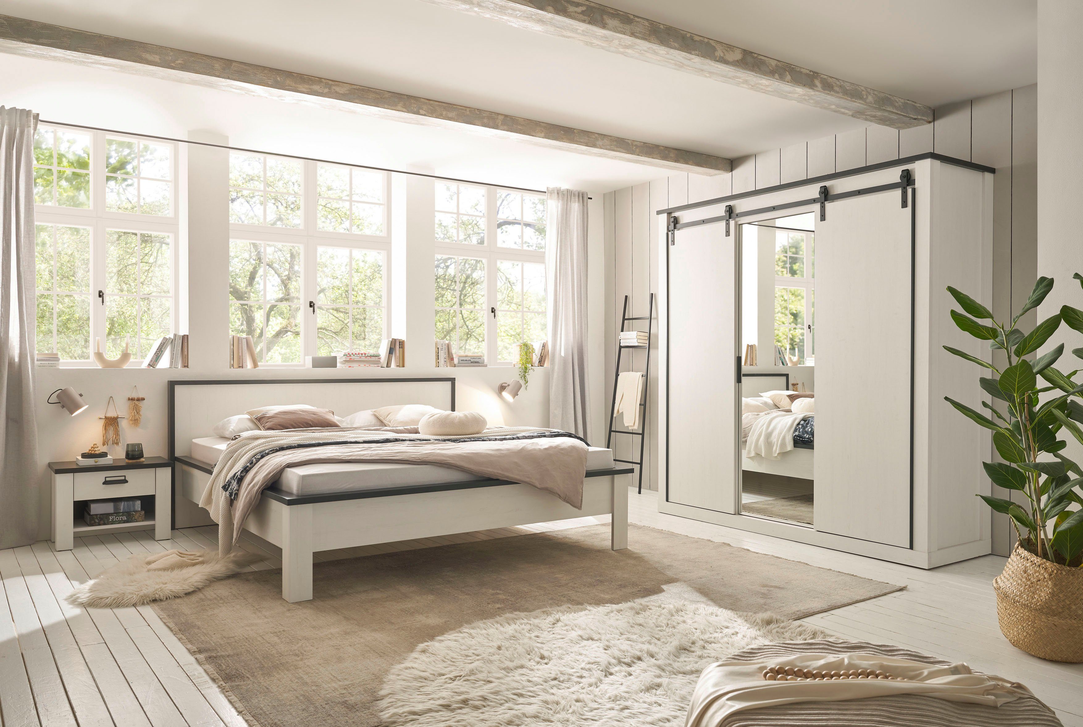 Home affaire Slaapkamerserie Sherwood Ligoppervlak 180 x 200 cm, kast 3-deurs 201 cm breed (4-delig)
